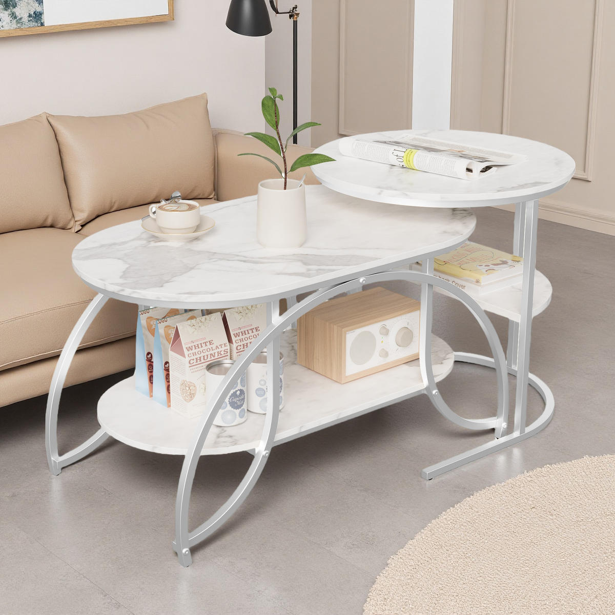 COUCHTISCH oval mit Ablage, Marmoroptik Weiß, Silber Metall - Weiß, Metall (80/46/51cm) - SHOPENTRA