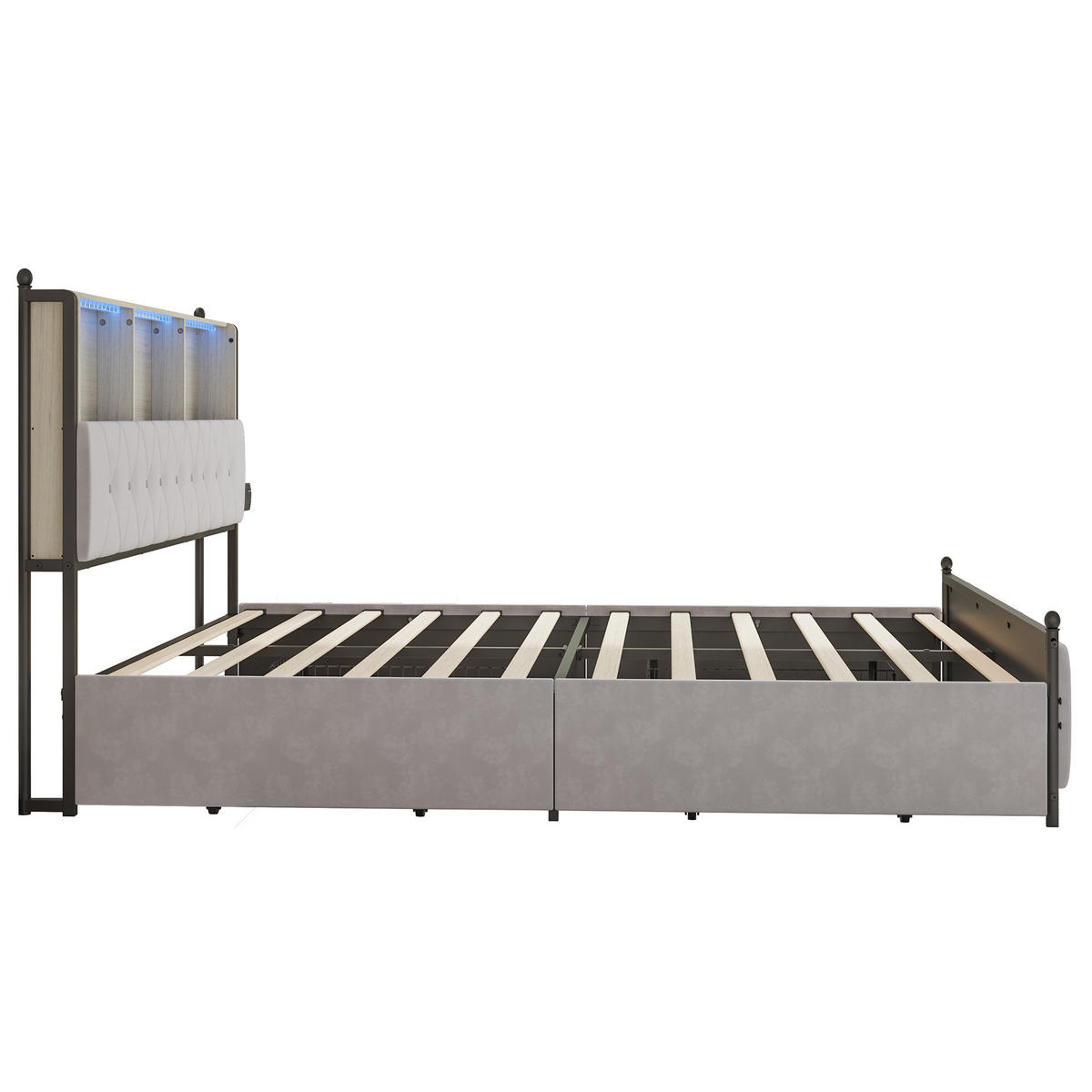 POLSTERBETT 140x200 cm, Beige, LED-Beleuchtung und USB-Typ-C, Samt - Beige, Textil/Metall (140/200cm)