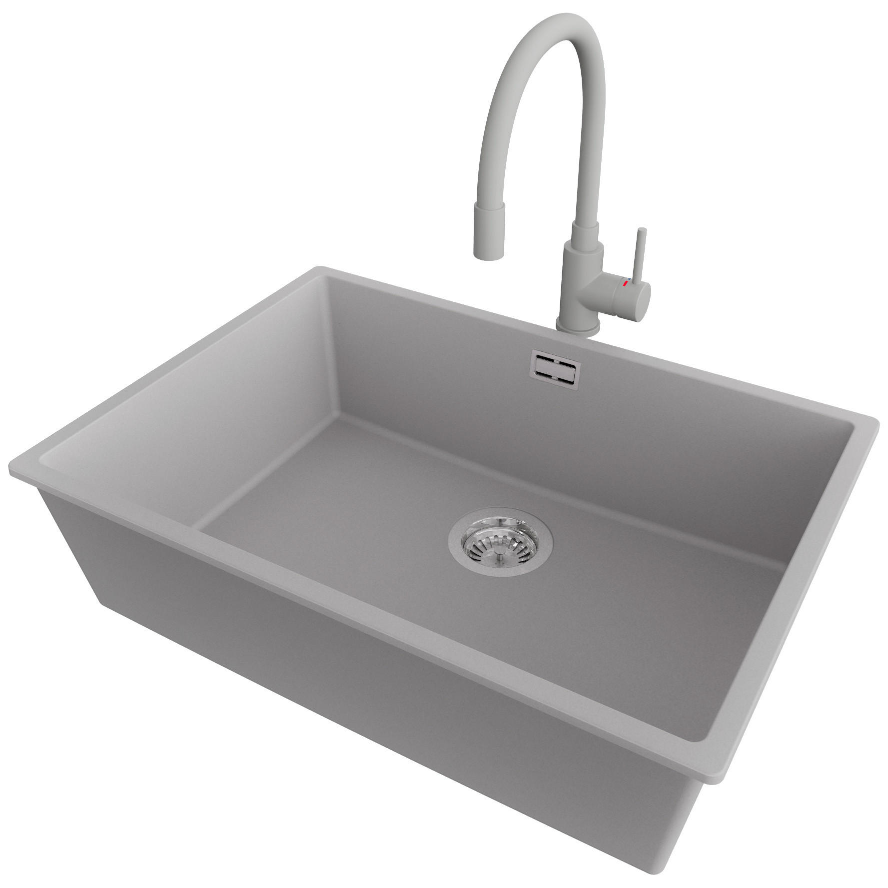 GRANITSPÜLE London, 3-er set Grau 66/47 cm, 1 Becken + Küchenarmatur 38/14 cm + Ablauf-Set ab 70er Unterschrank - Chromfarben/Grau, Kunststoff (66/20/47cm) - Primagran