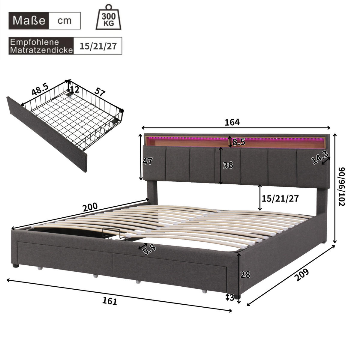 POLSTERBETT mit LED-Beleuchtung 160/200 cm mit Bettkasten und gepolstertem Kopfteil - Hellgrau, Metall (160/200cm) - BEAOK