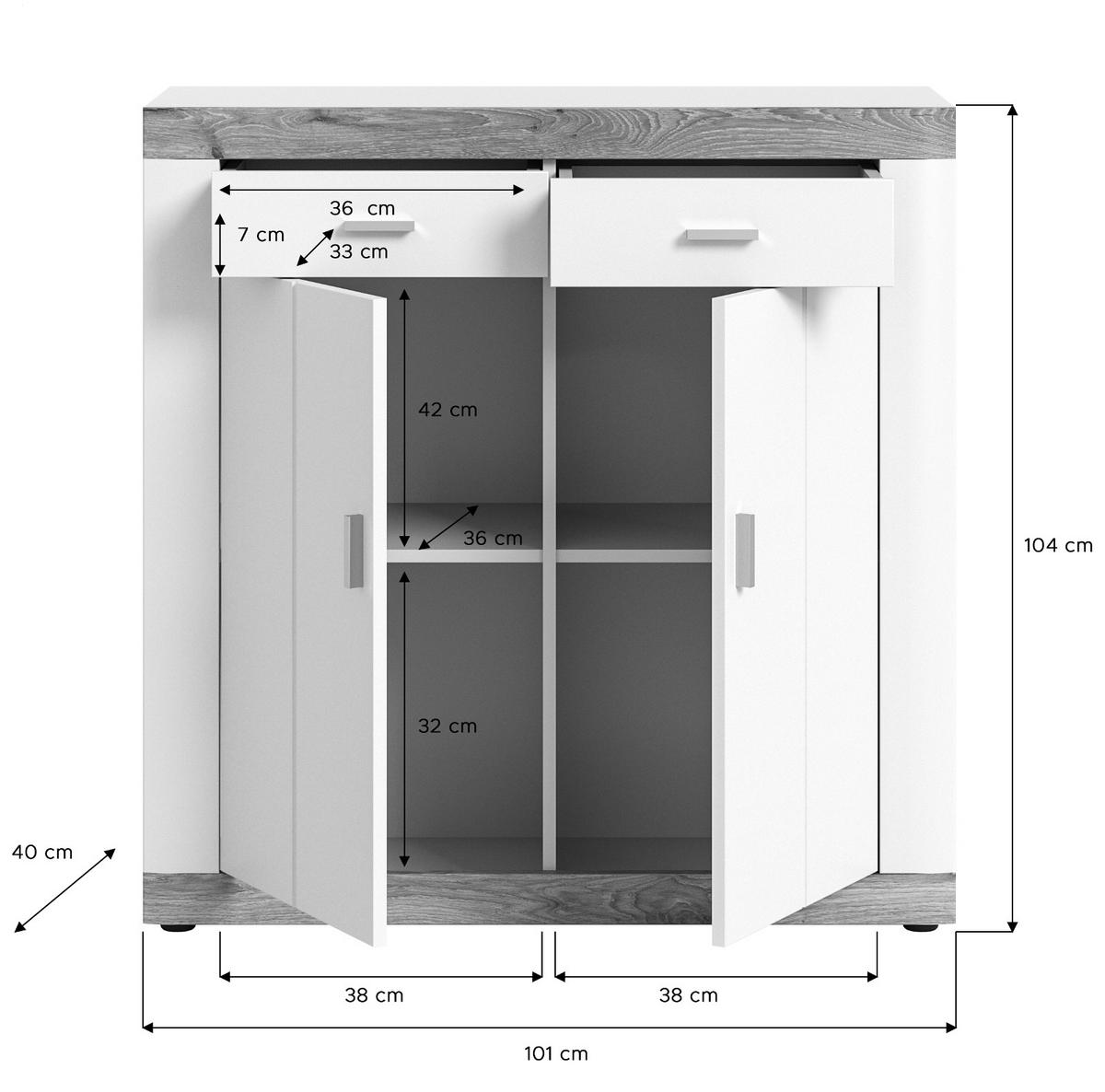 KOMMODE weiß, Eiche 100 cm, Sideboard mit Soft-Close - Eichefarben/Silberfarben, Holzwerkstoff/Kunststoff (101/104/40cm) - Inn.Furn