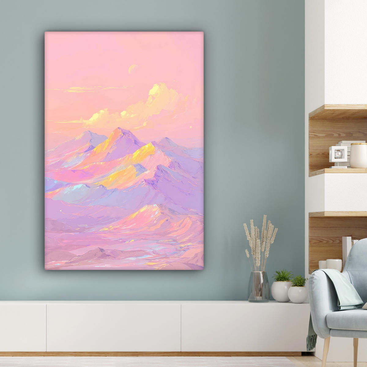 LEINWANDBILD Berggipfel - Wolken - Verträumt Deko XXL 80x120 cm - Hellrosa, Textil (80/120cm) - MuchoWow