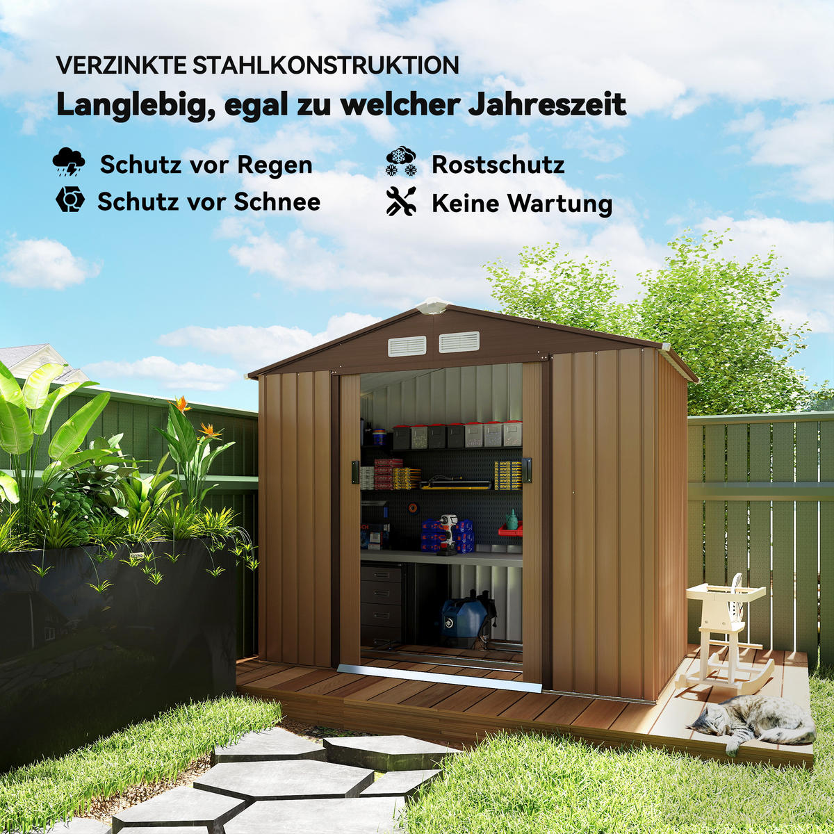 GERÄTEHAUS, Geräteschuppen, Schuppen mit Bodenrahmen, wetterfest, Stahl, Gelb - Gelb, Metall (130/185/213cm) - Outsunny