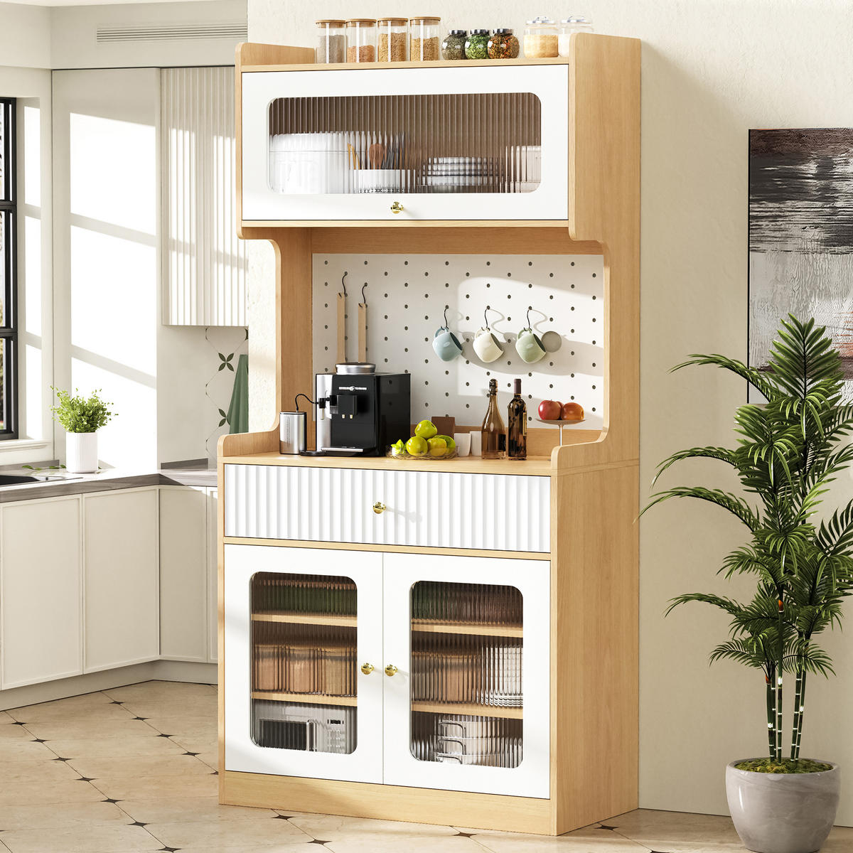 BUFFET Küchenschrank mit Glaselementen, Lochwand & Stauraumfunktion Weiß Mittelgroß Holzwerkstoff - Weiß/Naturfarben, Holzwerkstoff (80/180/40cm) - EVRYAE