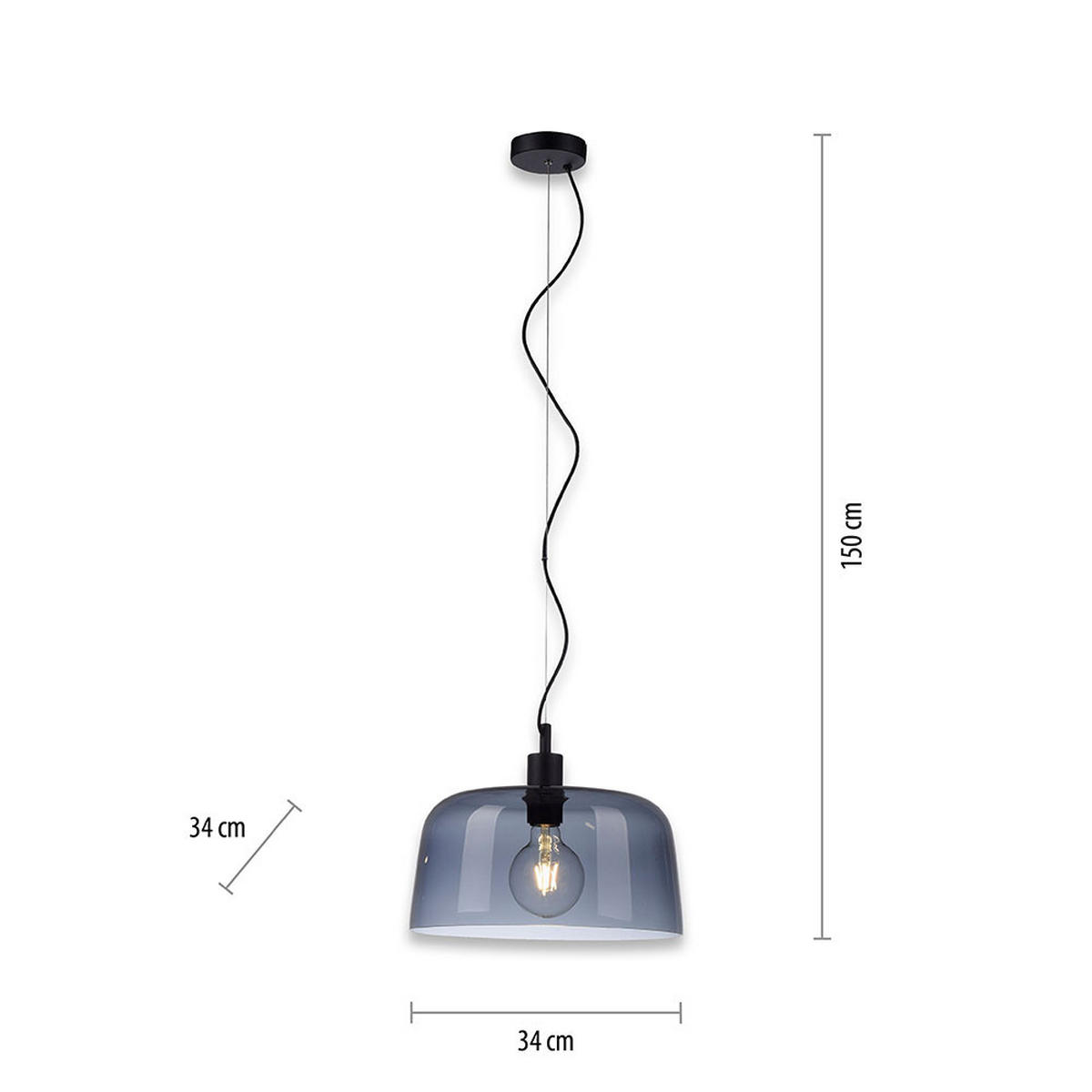 HÄNGELEUCHTE Glas Rauch Schwarz Höhenverstellbar - Schwarz, Glas (34/34/150cm)