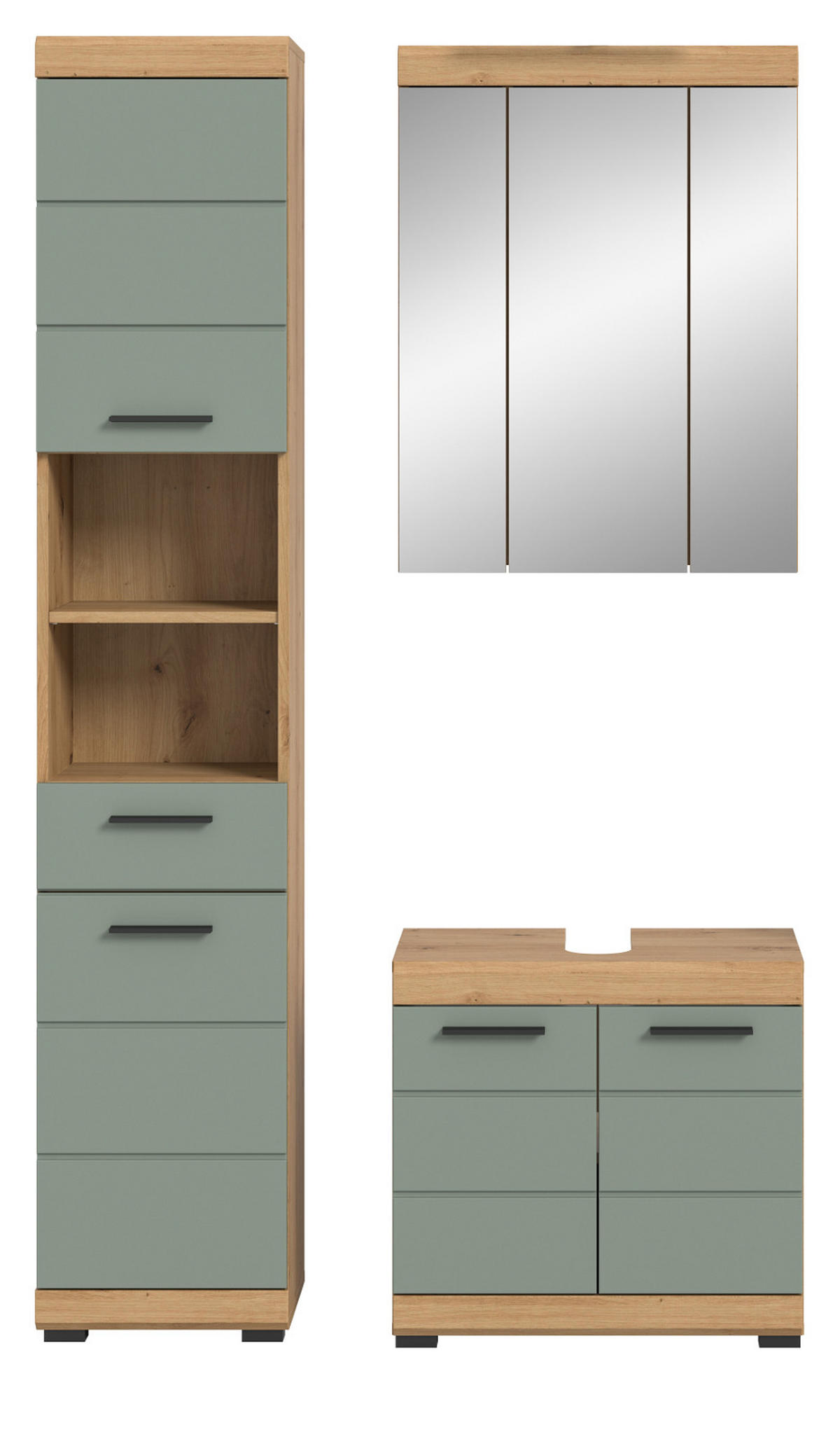 BADMÖBEL-SET Salbei grün, Eiche Artisan 3-teilig 112 cm, Komplettset mit viel Stauraum - Salbeigrün/Schwarz, Glas/Holzwerkstoff (112/191/34cm) - Inn.Furn