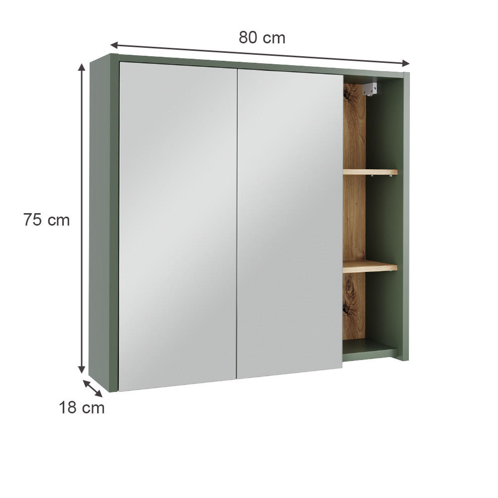 BADSPIEGELSCHRANK Viola Grün/Artisan 80 x 75 cm mit offenen Regalen - Eiche Artisan/Grün, Holzwerkstoff (80/75/18cm) - Vicco