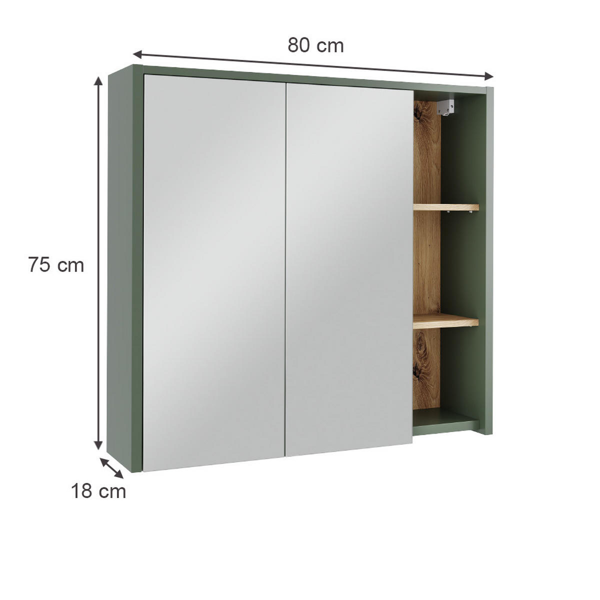 BADSPIEGELSCHRANK Viola Grün/Artisan 80 x 75 cm mit offenen Regalen - Eiche Artisan/Grün, Holzwerkstoff (80/75/18cm) - Vicco