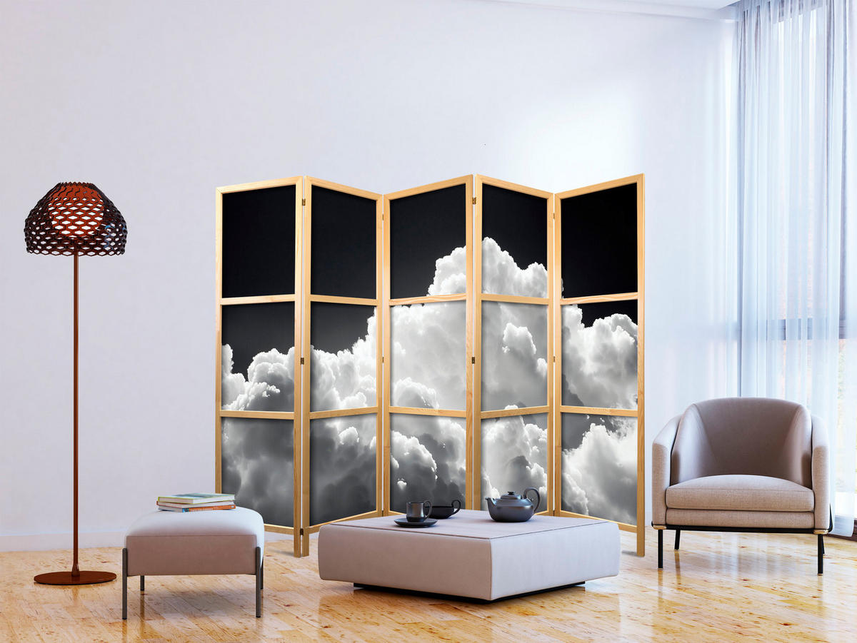 PARAVENT Japanischer 5-tlg 225x172 cm Schwarz-Wei e Wolken - Schwarz, Holz/Textil (225/172/3cm) - Muralo