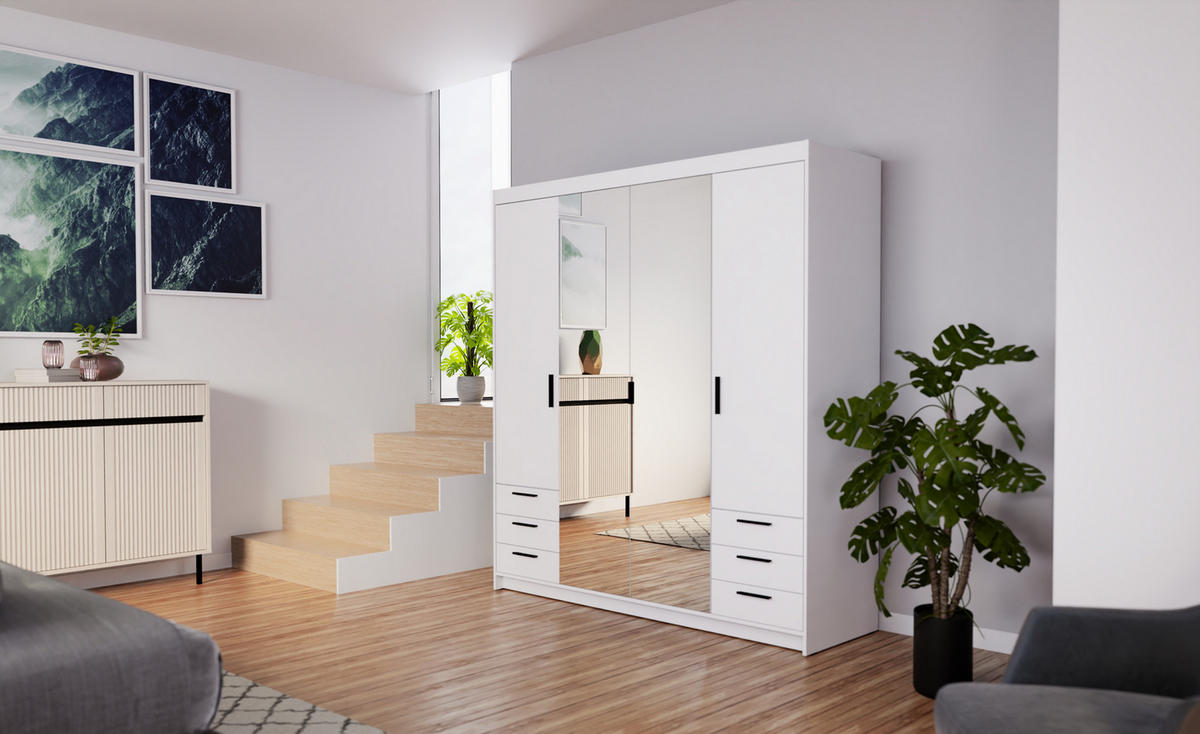 KLEIDERSCHRANK Storicos Weiß 176,3/190,5/53 cm - 4T6S Modern mit Schubladen und Spiegel - Weiß, Holzwerkstoff/Kunststoff (176.3/190.6/53cm) - AX Living