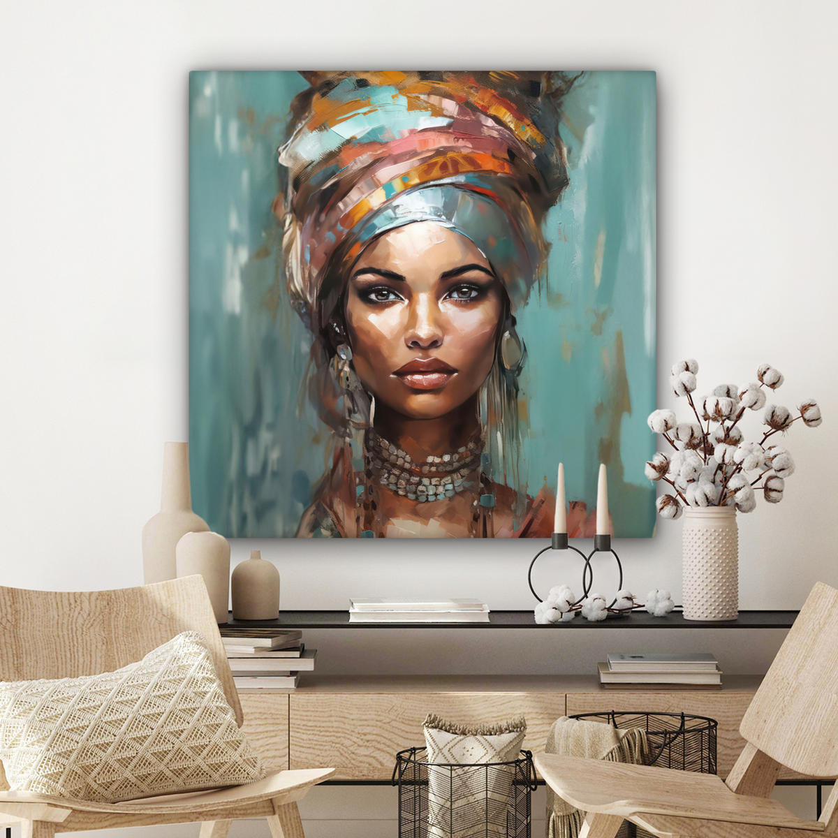 LEINWANDBILD Frau - Kunst - Schmuck - Porträt 90x90 cm - Blaugrau, Textil (90/90cm) - MuchoWow