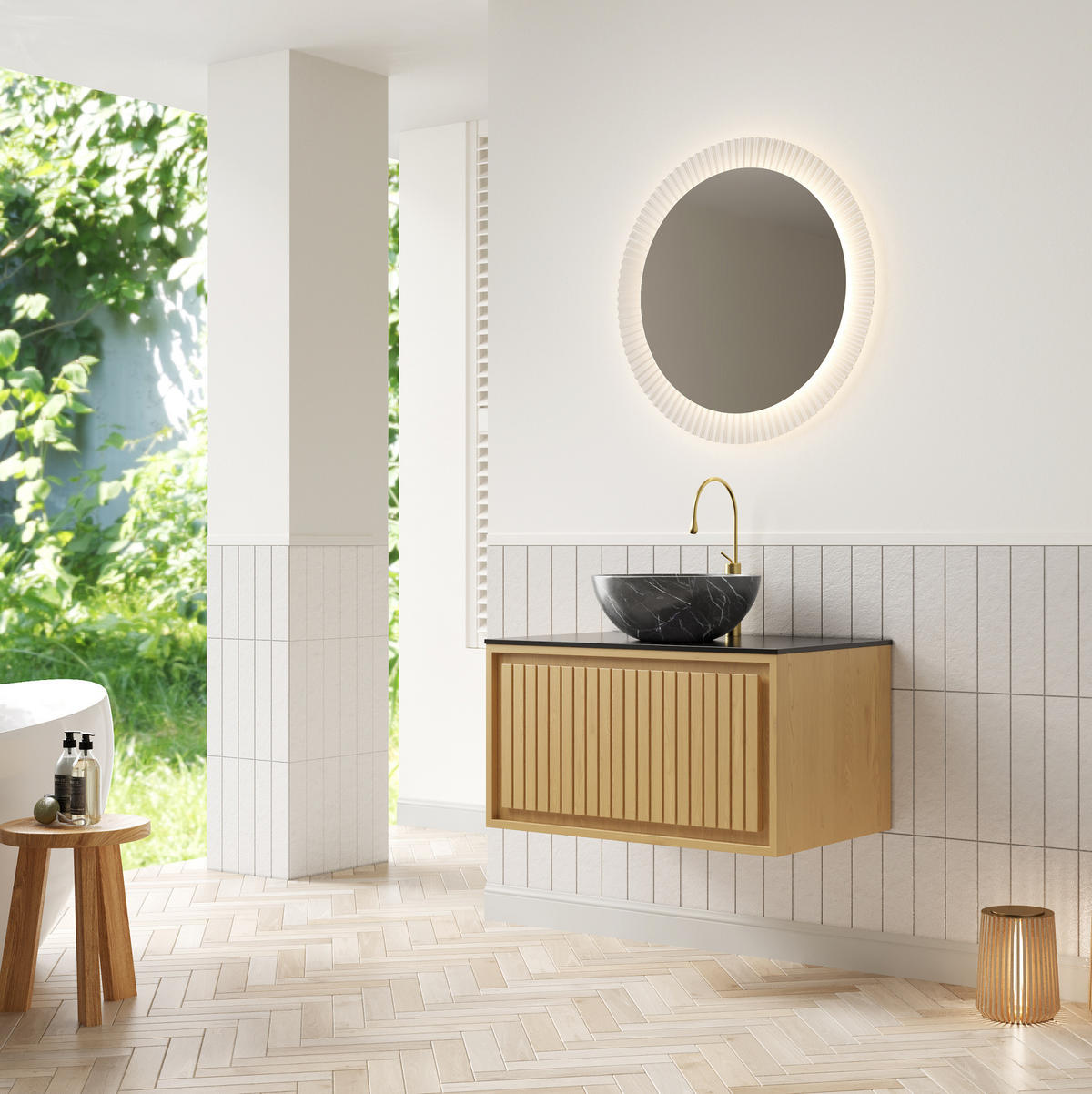 BADEZIMMERSCHRANK mit Waschtisch 61 cm Schwarz/Golden Oak - Schwarz, Holzwerkstoff (48/55.1/76cm) - Beauniv
