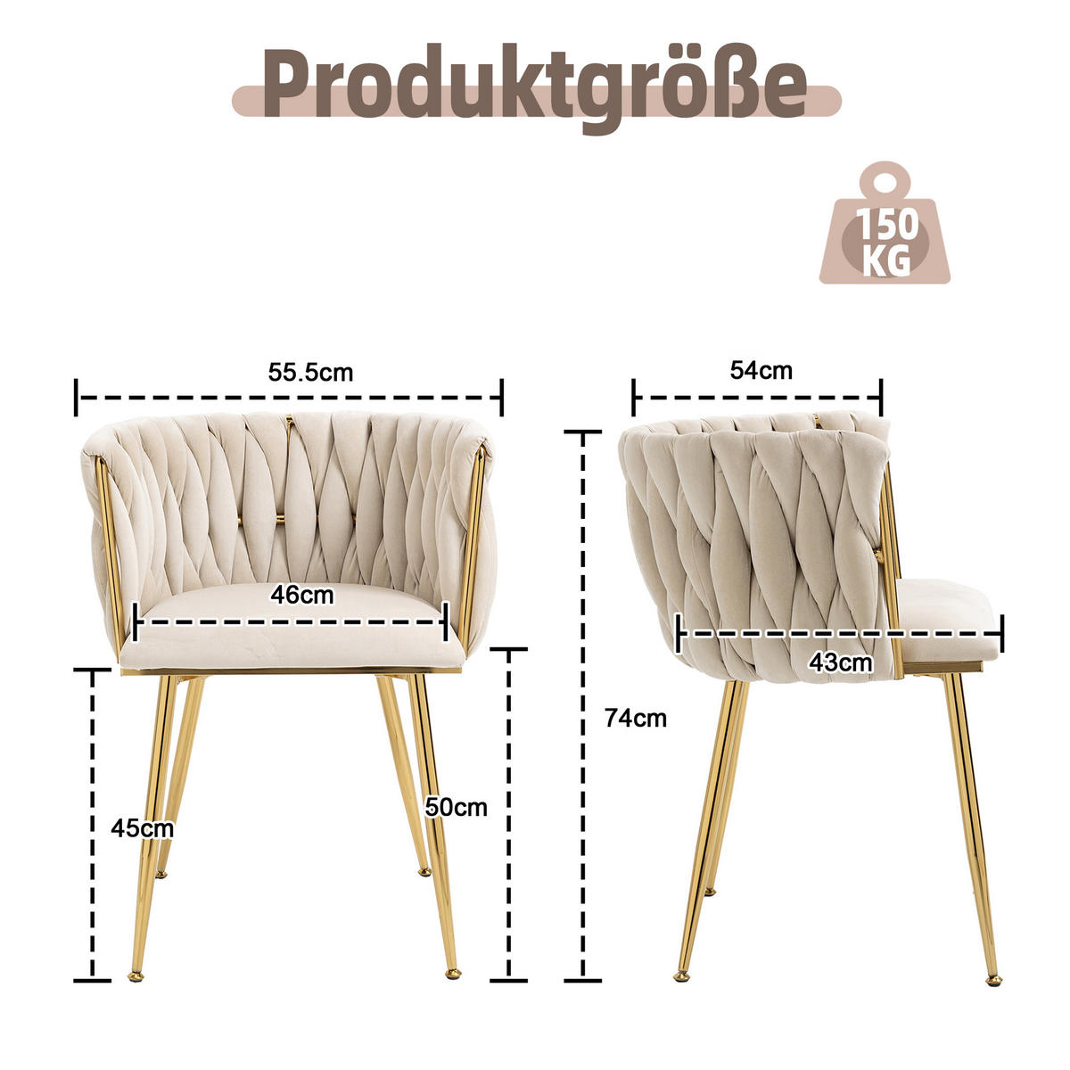 ESSZIMMERSTÜHLE 2er Set Samtbezug mit Metallrahmen - Beige/Goldfarben, Textil/Metall (55.5/74/50cm) - LVHOM