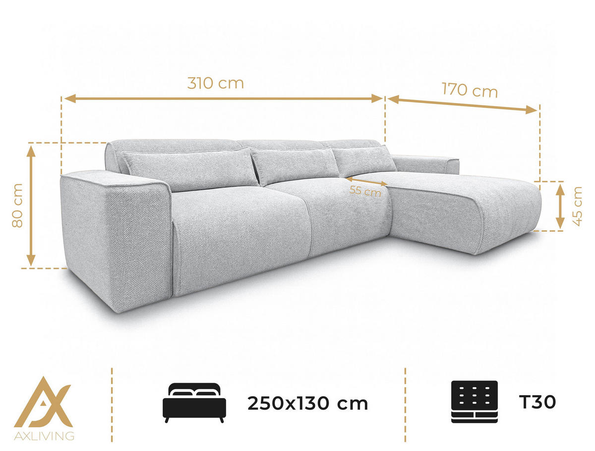 ECKSOFA L Form Ruyam Perlweiß 310/165/78 cm – Schlaffunktion & Bettkasten R - Schwarz/Weiß, Kunststoff/Textil (310/170cm) - AX Living