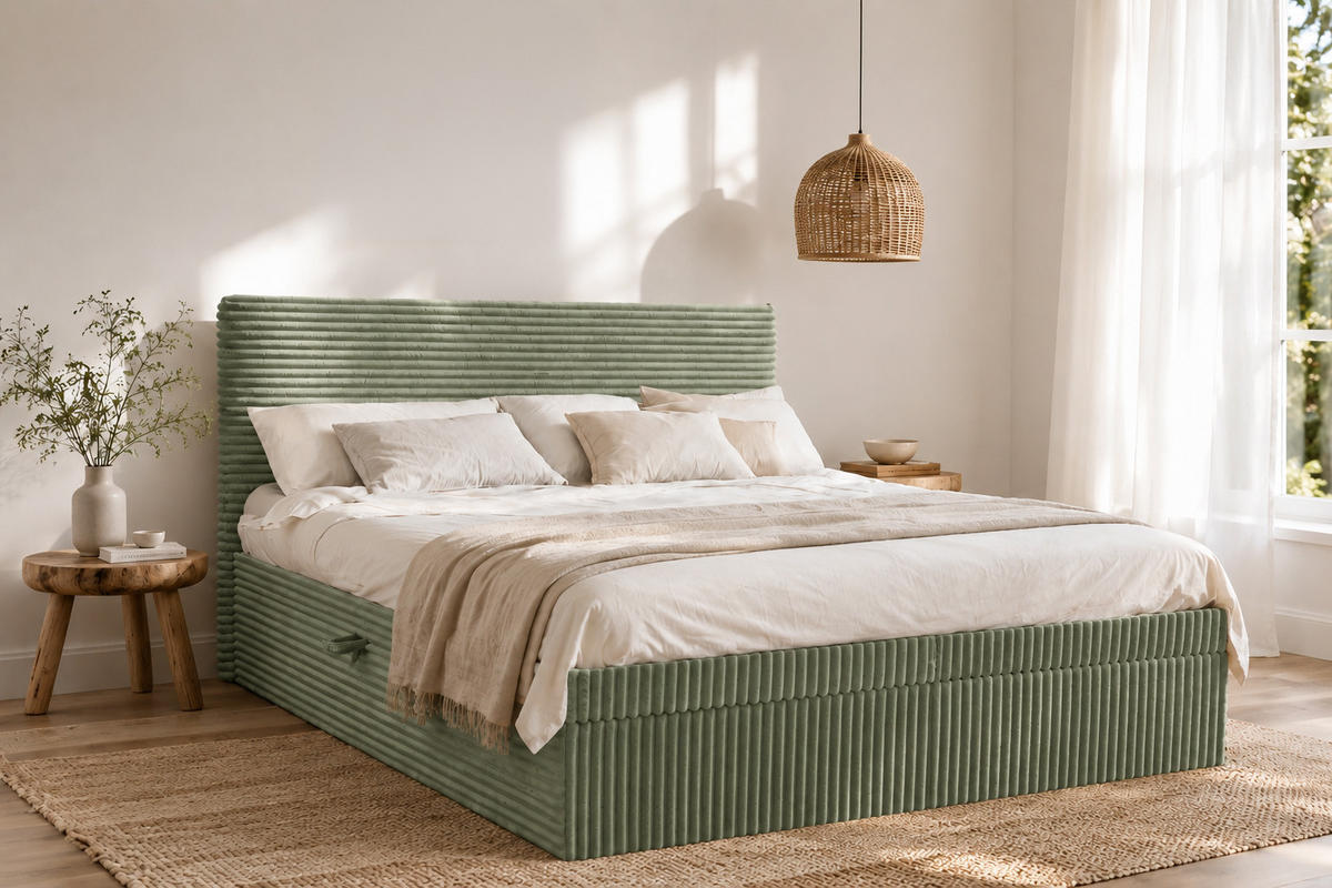 BOXBETT Bettkasten Und Topper TRENTO Ohne Bein Stoff Plüsch Cord 140x200 cm Olive H3-Bonell - Olivgrün, Holz/Textil (140/200cm) - Kaiser Möbel