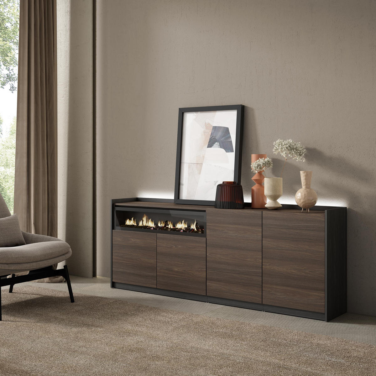 SIDEBOARD, Eiche und Schwarz, 207/37/80cm, Kamin mit Feuereffekt - Dunkelbraun, Holzwerkstoff (207/80/37cm) - Skraut Home