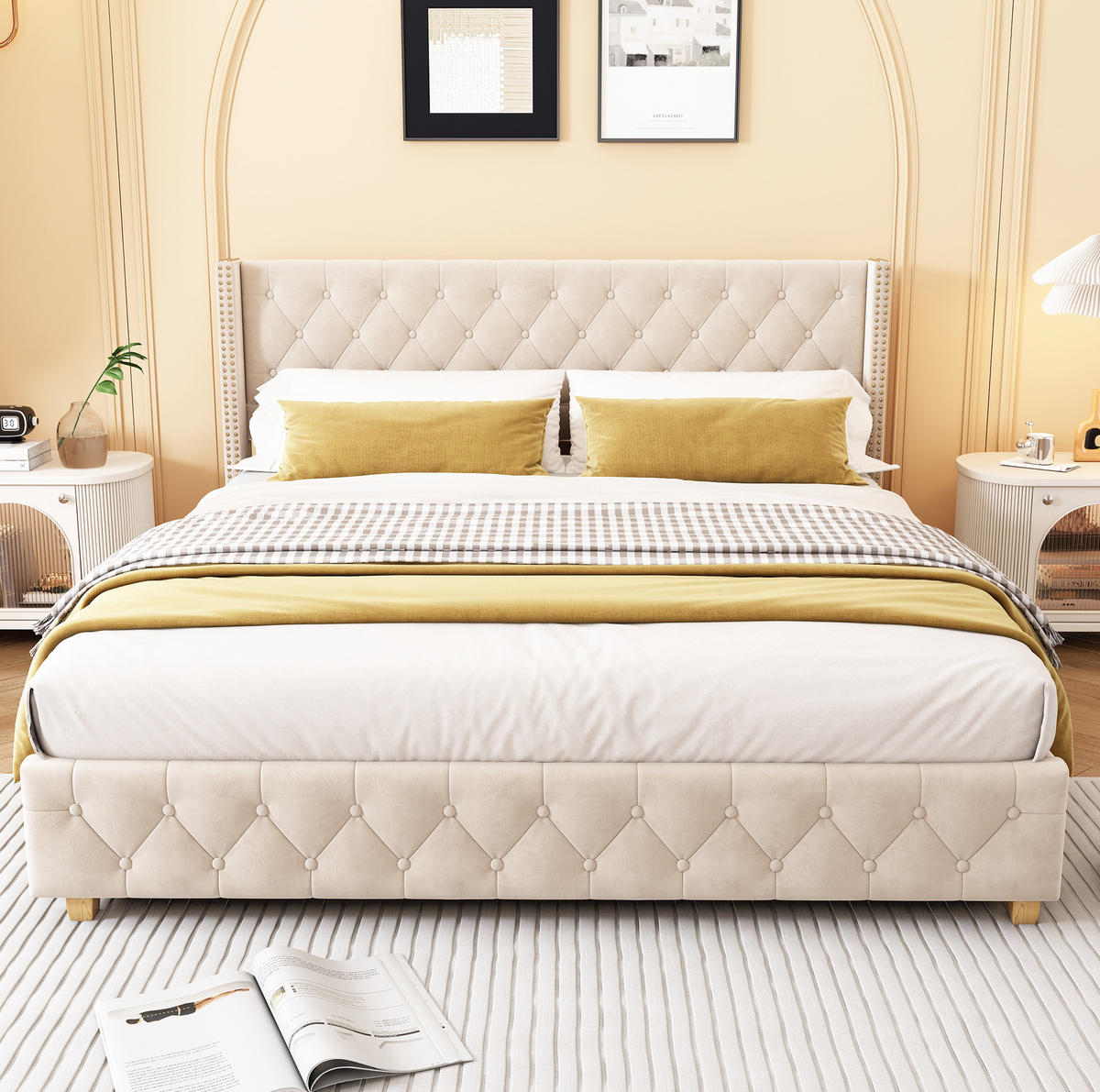 POLSTERBETT aus Samt 160x200 cm Hellbeige mit Lattenrost, Knopfheftung und Nietenbesatz - Beige, Textil (160/200cm) - IVMEU