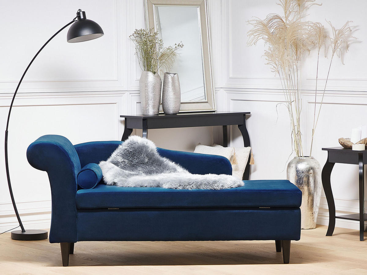 CHAISELONGUE Samtstoff marineblau linksseitig Luiro - Blau/Dunkelbraun, Textil (160/77/70cm) - Beliani