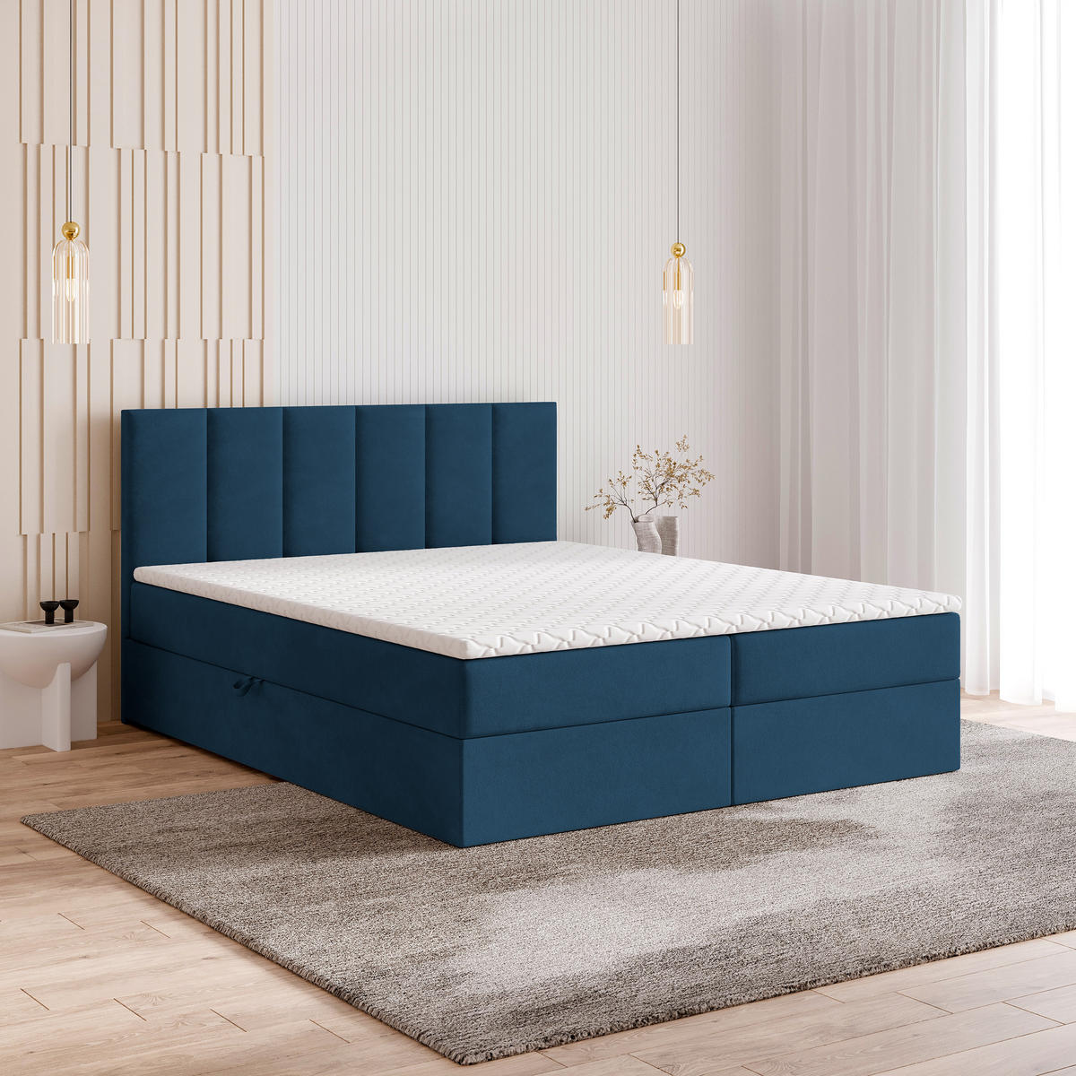 BOXBETT MERIL 160x200 cm mit Matratze und Topper - Blau - Blau, Holz (160/200cm) - MASSENO