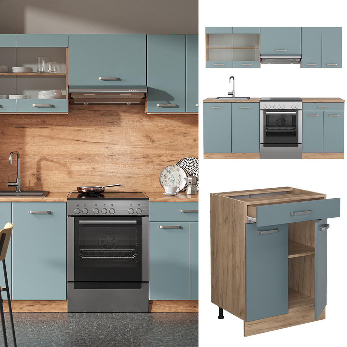 KÜCHE R-Line Blau-Grau/Goldkraft Eiche 200 cm ohne AP - Honigeiche/Blaugrau, Holzwerkstoff (200/81.6/46cm) - Vicco