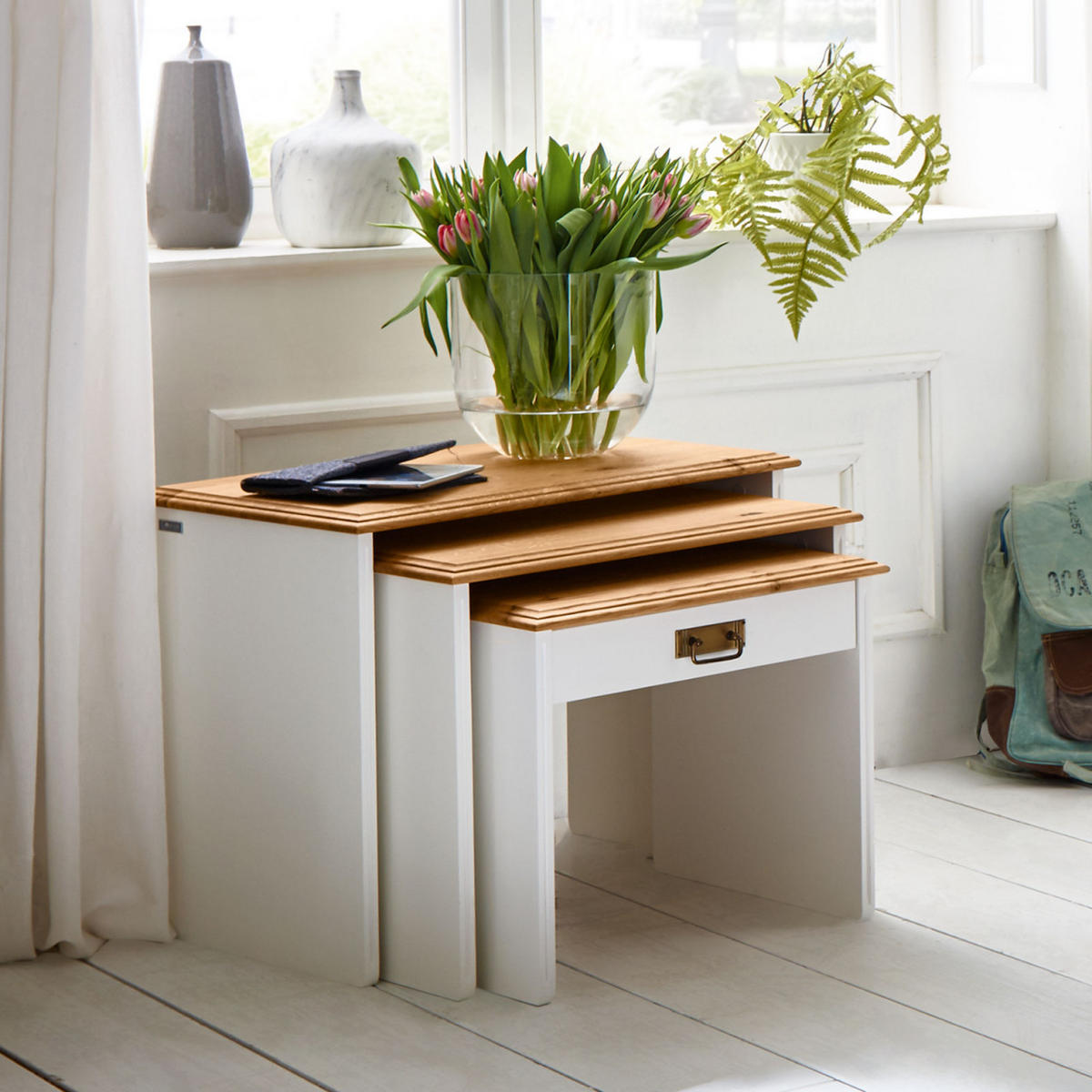 SATZTISCH Novara 3-tlg - Weiß/Braun, Holz (120/65/55cm) - Casamia Massive Möbel