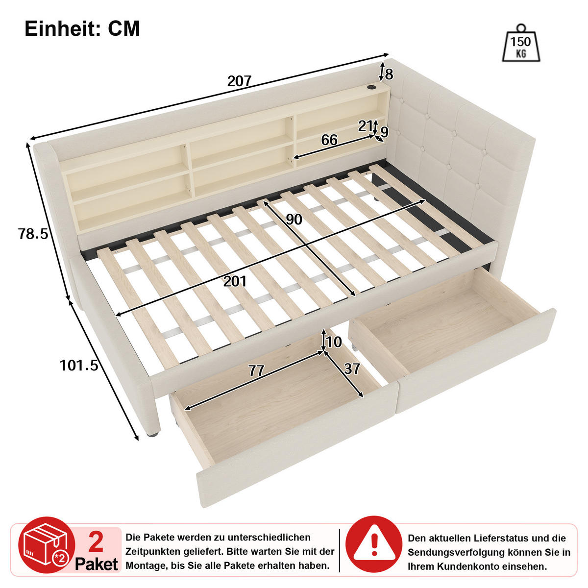 BETT 90/200 cm in Beige mit 2 Schubladen, USB und Ablagen Leinen - Beige, Holzwerkstoff/Textil (90/200cm) - CHICFURN