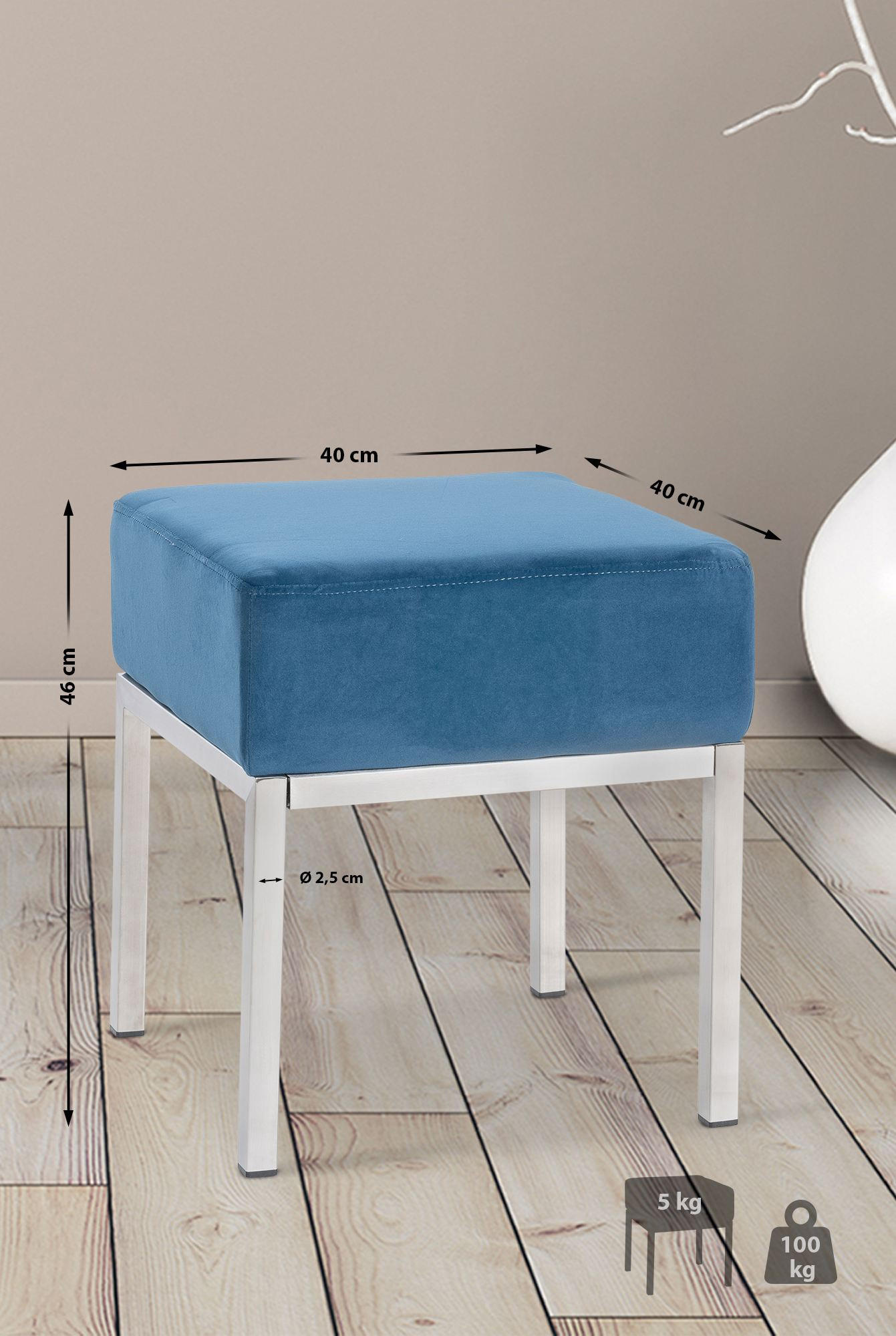 HOCKER eckig 40/40/46 cm Samt blau - Blau/Edelstahlfarben, Textil/Metall (40/46/40cm) - CLP