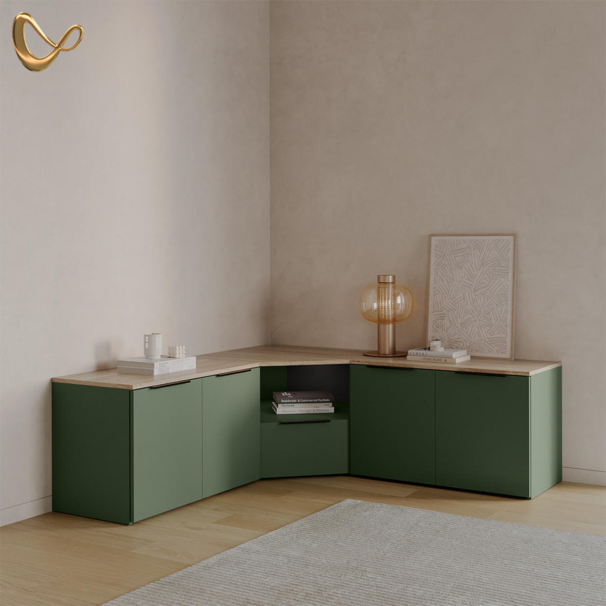 WOHNWAND Piave Grün 3 Teile - Grün, Holzwerkstoff (68/50/68cm) - Livinity®
