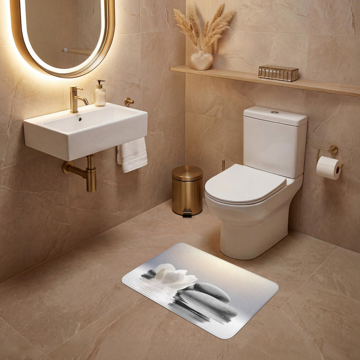 WC PŘEDLOŽKA Kameny - Lotos - Bílý - Voda - Zen 60x40 cm - bílá, textil/plast (60/1cm) - OnlyWow