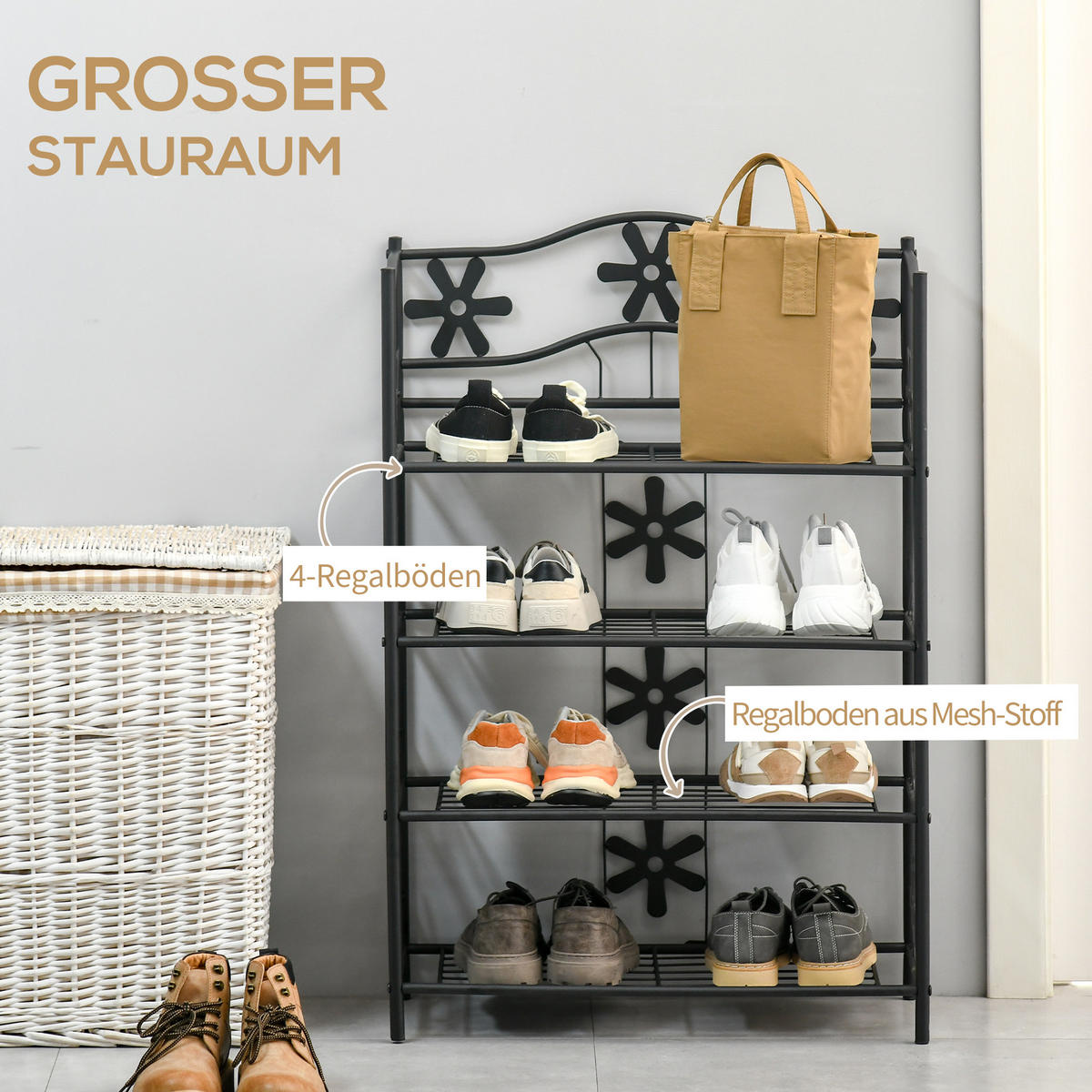 SCHUHREGAL, 4 Etagen, Metall, Schwarz, 59,5 x 30 x 92 cm - Schwarz, Metall (30/92/595cm) - HOMCOM