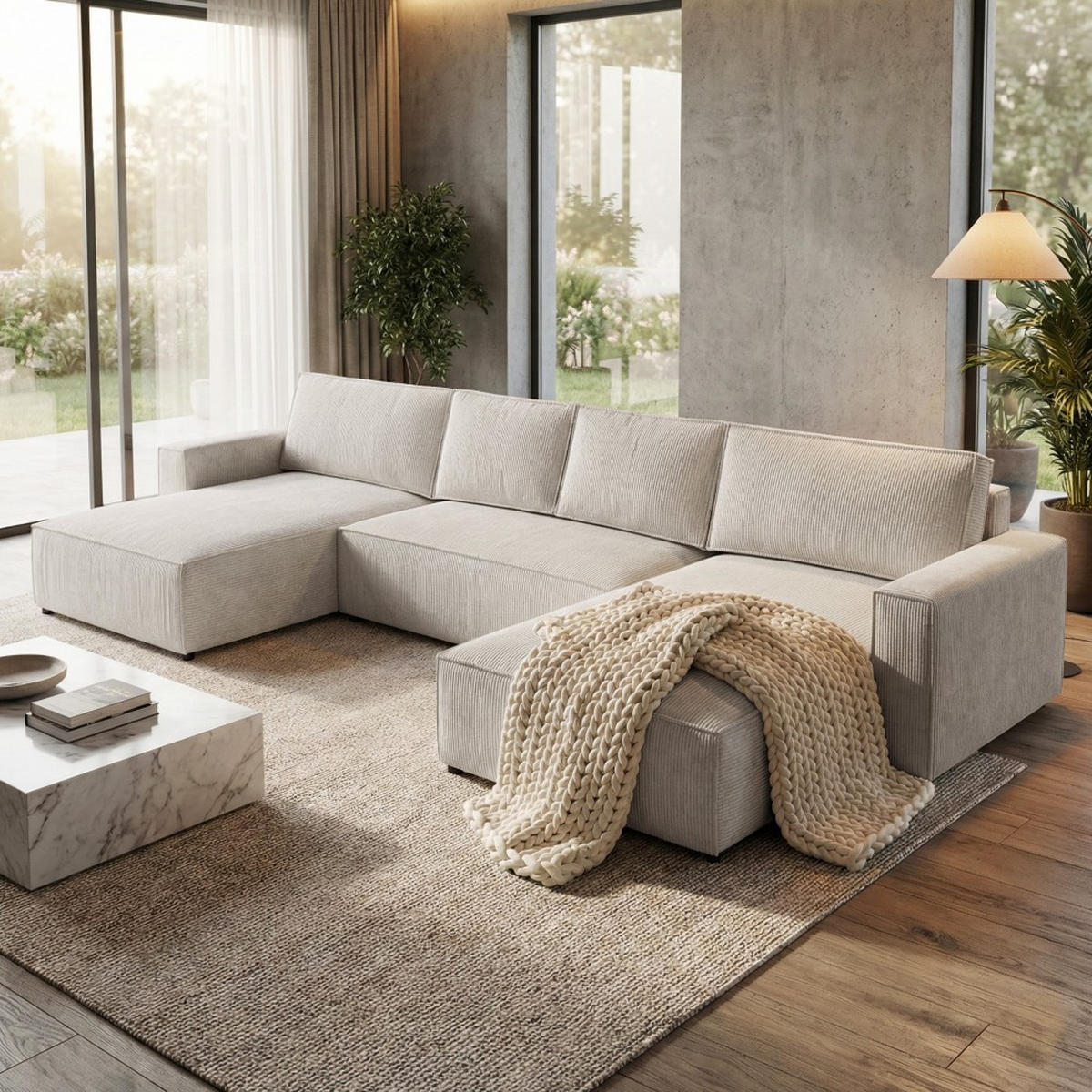 WOHNLANDSCHAFT Parys U mit Schlaffunktion creme - Creme/Schwarz, Kunststoff/Textil (390/70/185cm) - Beautysofa