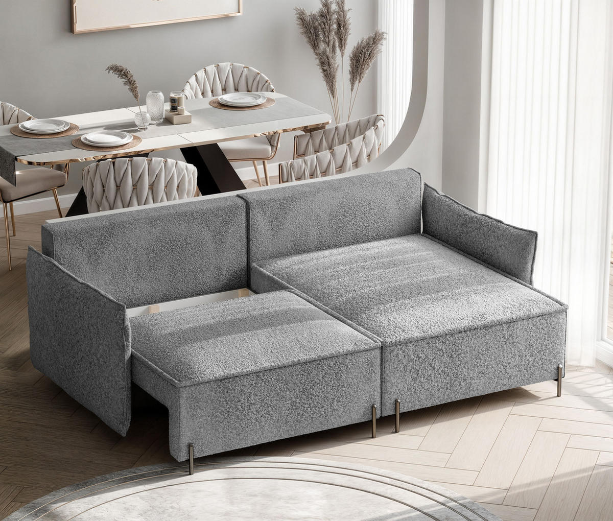 ECKSOFA MARCO Rechts, mit Schlaffunktion und Bettkasten, Hellgrau - Hellgrau, Textil/Metall (221/148cm) - Idohome