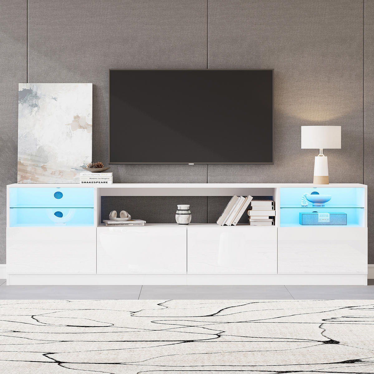 TV SKŘÍŇKA v bílé barvě s LED osvětlením do obýváku, Š180/H35/V60 cm - bílá, kompozitní dřevo/sklo (180/60/35cm) - STILVORA