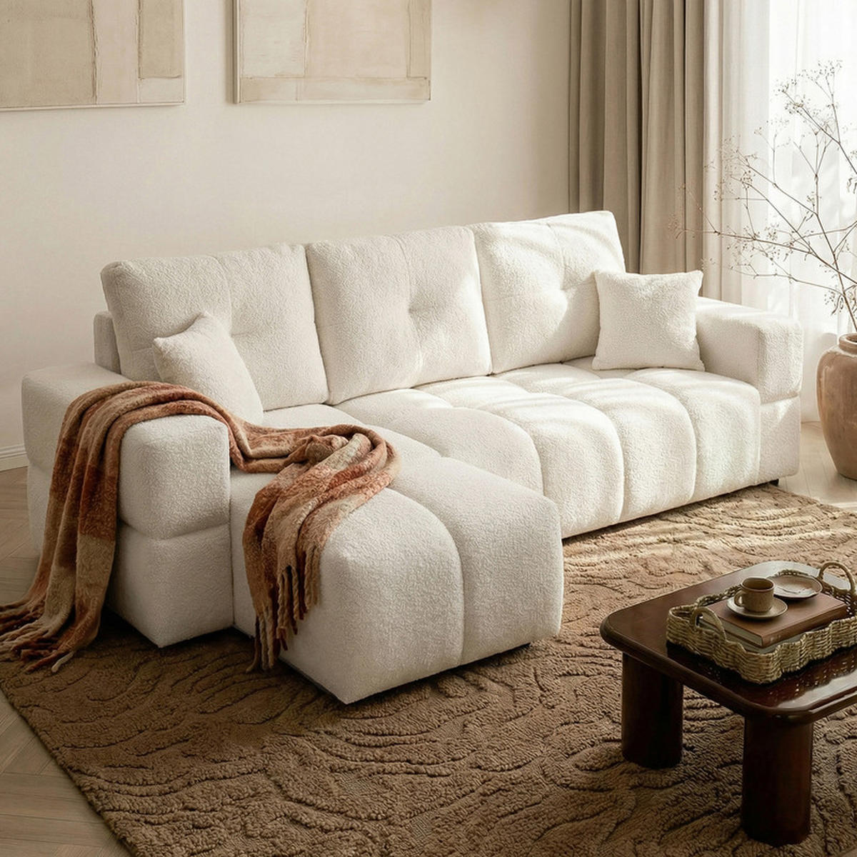 ECKSOFA BUENO mit Schlaffunktion und Bettkasten, Stoff Creme - Creme, Kunststoff/Textil (250/148cm) - Idohome