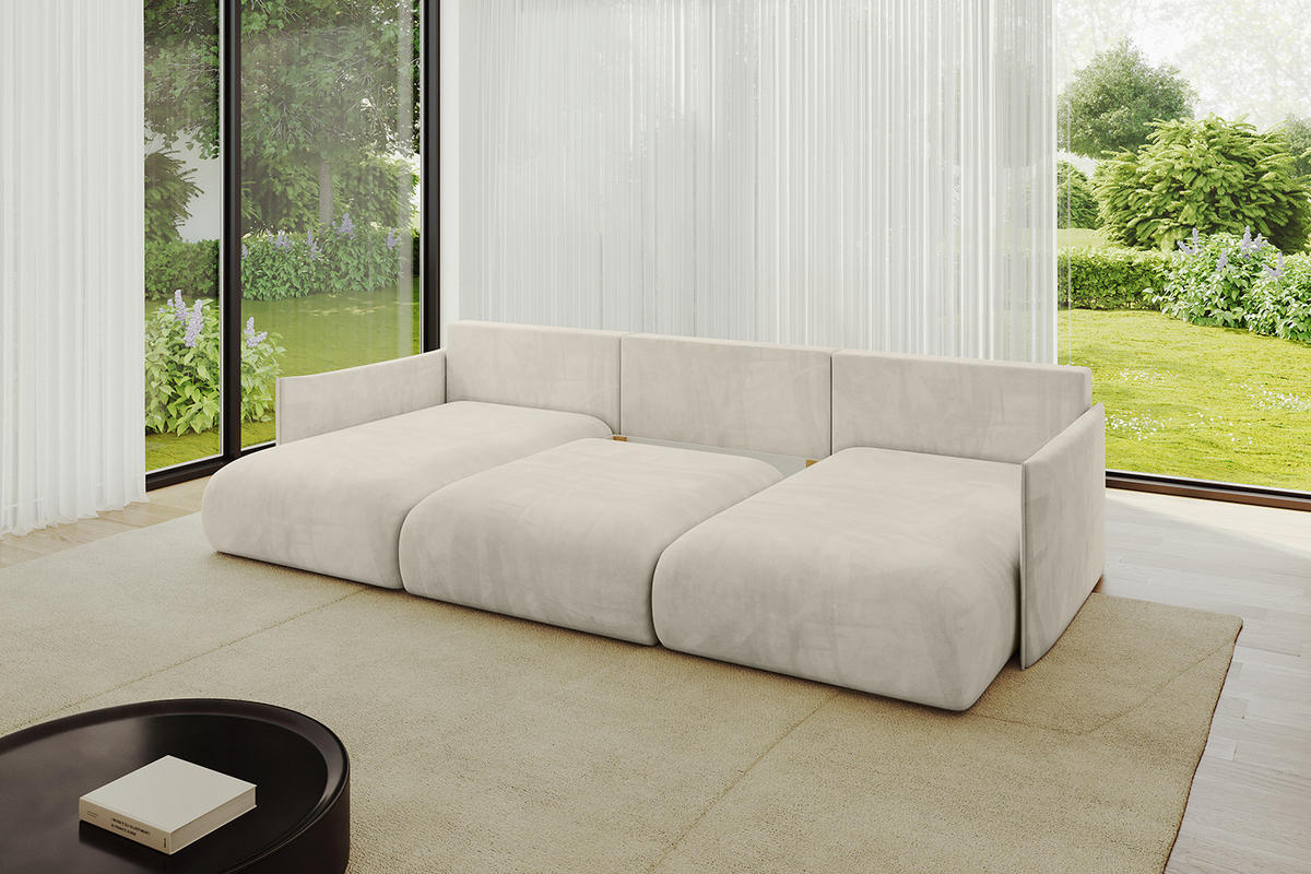 WOHNLANDSCHAFT mit Schlaffunktion und Bettkasten ONESK-U 317x177x72 Ecru Velours - Ecru, Holzwerkstoff/Kunststoff (317/72/177cm) - ALTDECOR