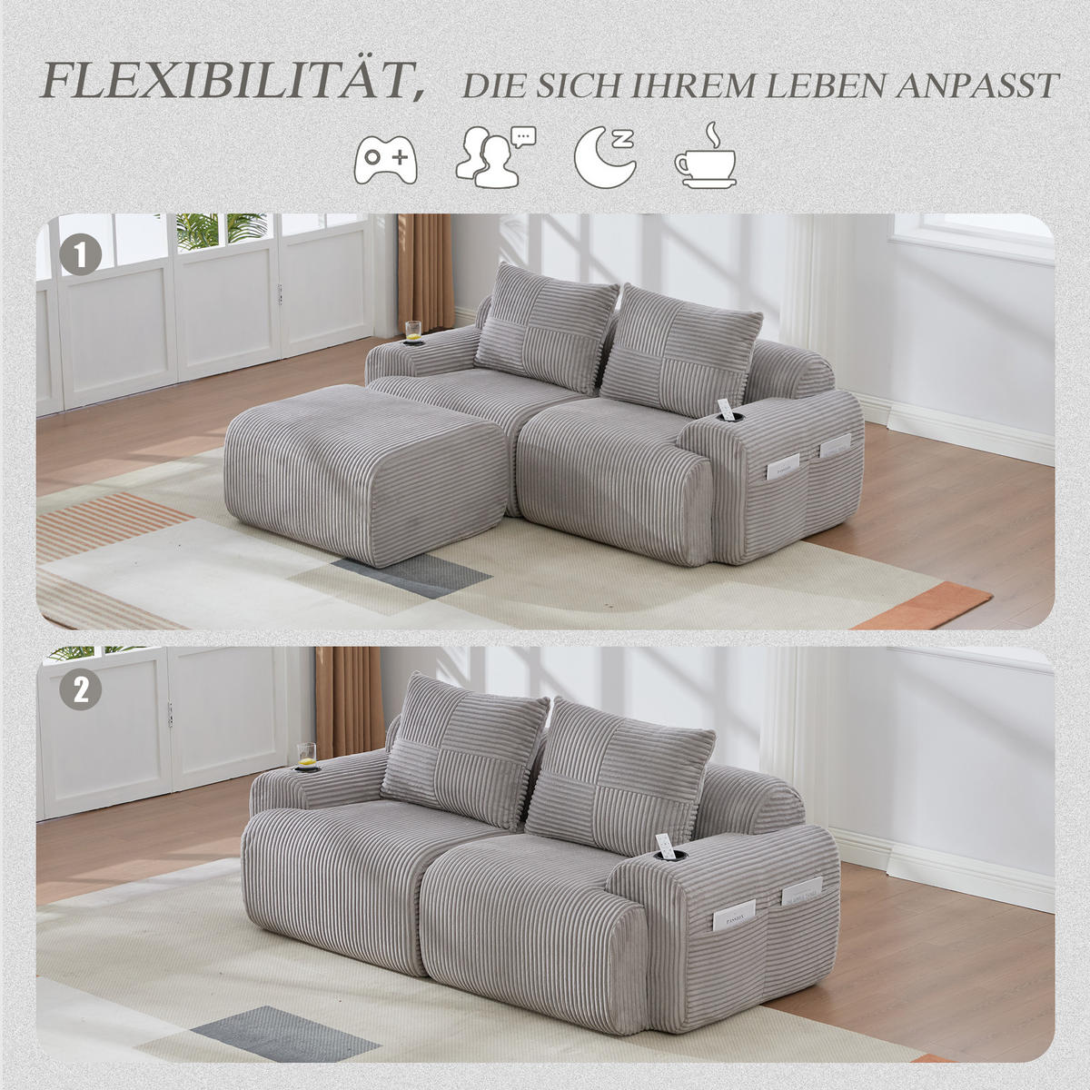 MODULARES 2-Sitzer Sofa Cordstoff mit Getränkehalter und Seitentasche 200/174/80 cm Hellgrau - Hellgrau, Textil (174/200cm) - Redom