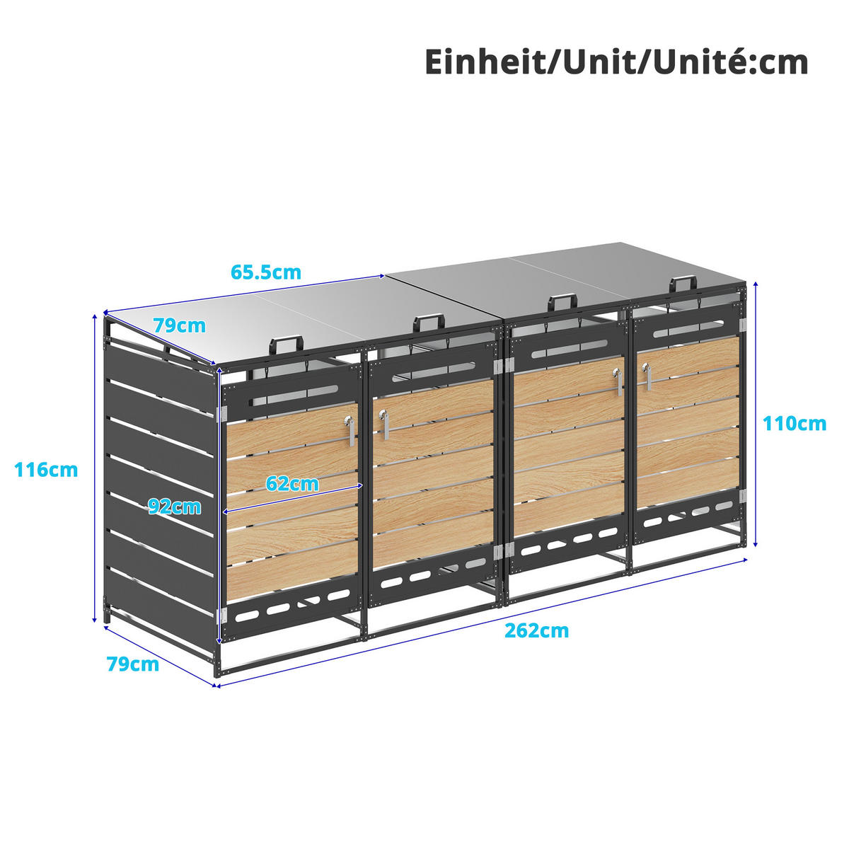 MÜLLTONNENBOX 4er Set Hydraulik Deckel Holzoptik horizontal Schloss - Schwarz, Metall (262/116/79cm) - LEBENLANG