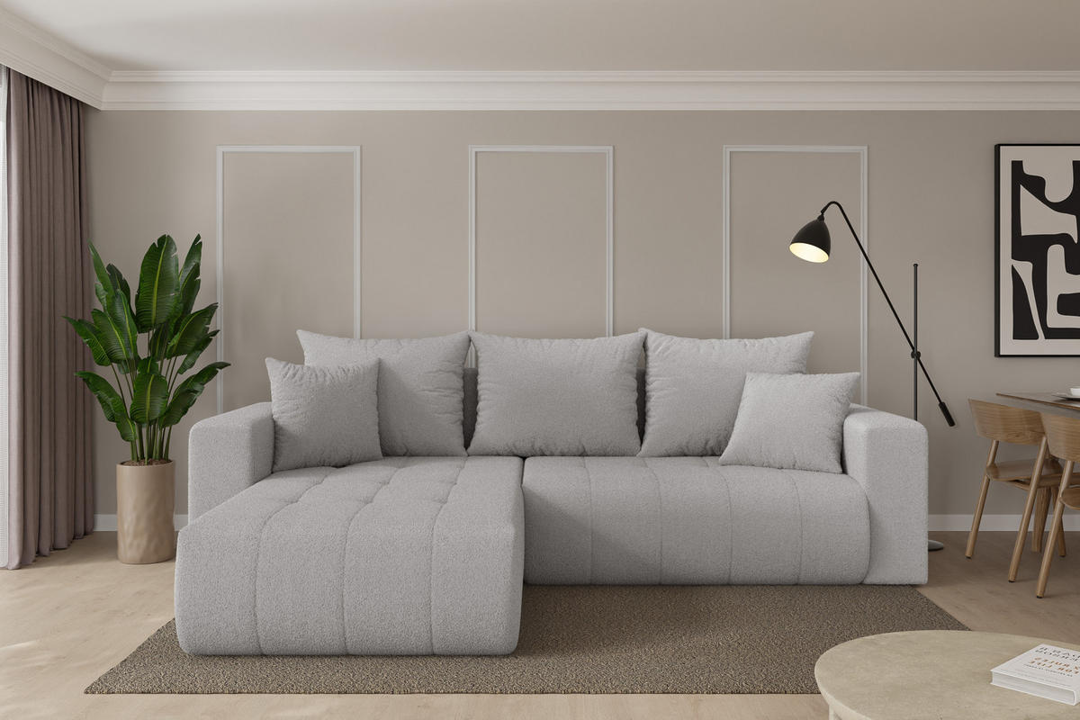 ROHOVÁ SEDAČKA s funkcí spaní, otoman vlevo MILA-L 277x194x86 světle šedá bouclé - černá/stříbrná, kompozitní dřevo/textil (277/194cm) - ALTDECOR