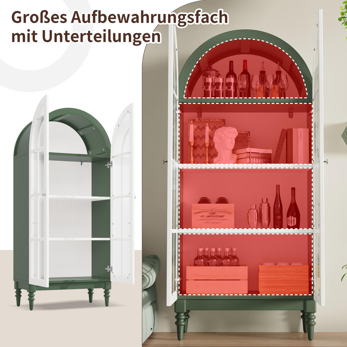 HIGHBOARD Grün 76×38,5×165 cm mit Bogenfront und Riffelglas-Türen aus Holzwerkstoff - Grün, Holzwerkstoff (76/165/38.5cm) - Luhomfu