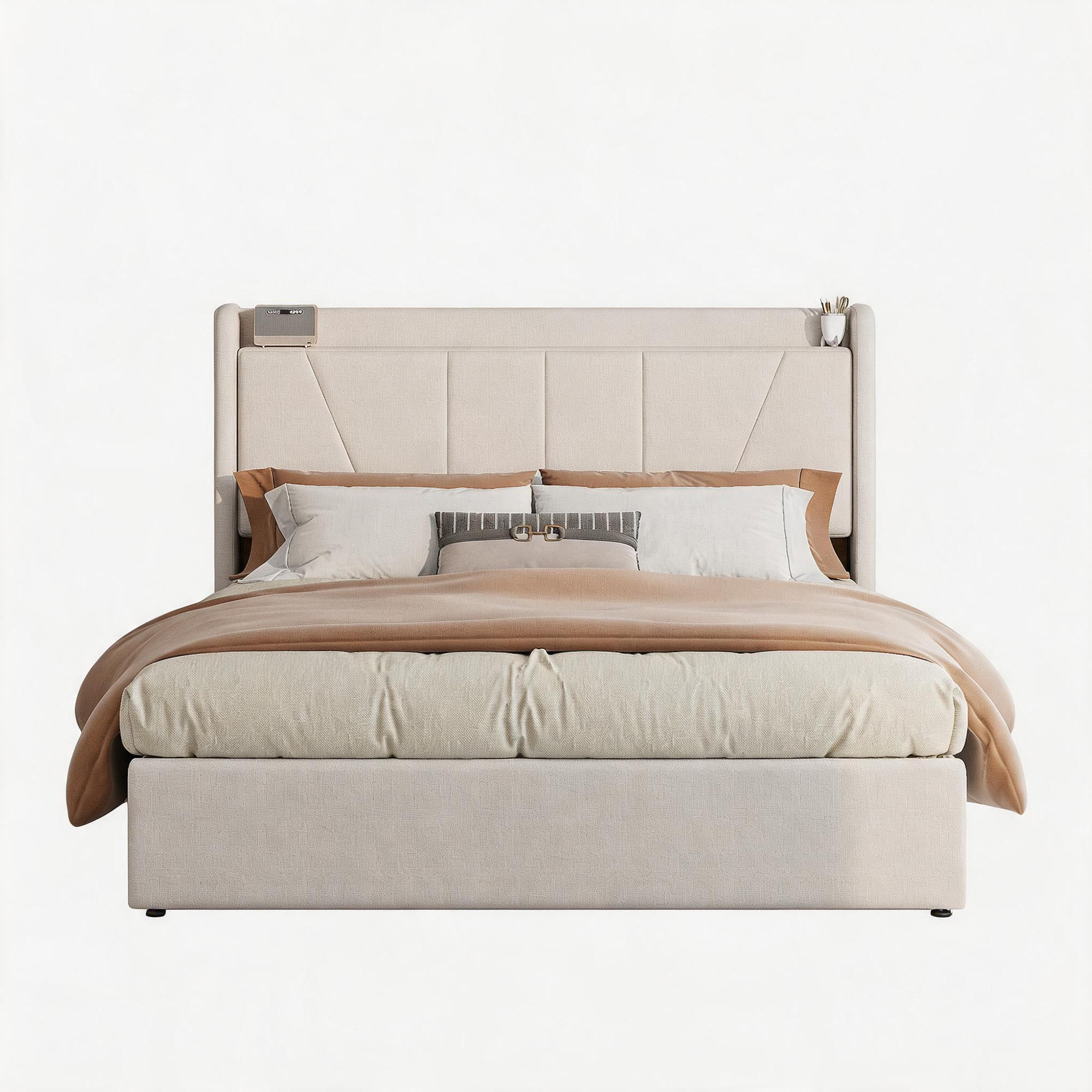 POLSTERBETT 140x200 cm mit USB Und Type-C, Doppelbett mit Bettkasten 140x200, Stauraum, Beige Leinenstoff - Beige, Textil/Metall (140/200cm) - GENKI LIVING