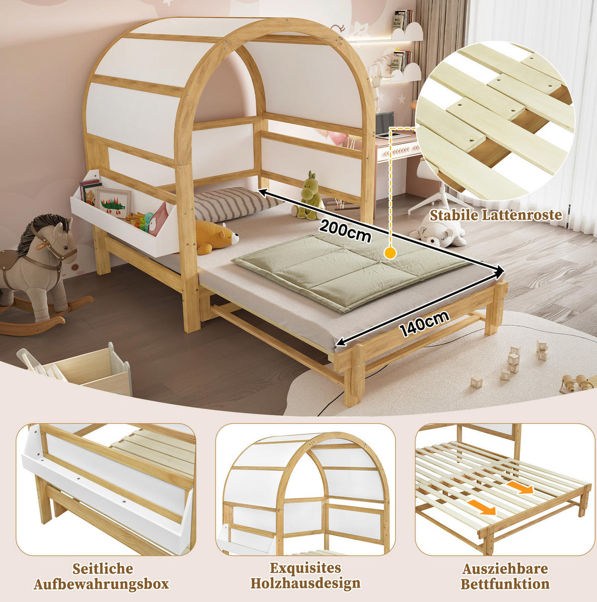 HAUSBETT 140/200 cm in Weiß/Natur – mit Dachaufbau und Ausziehbett - Weiß, Holzwerkstoff (140/200cm) - BEAOK