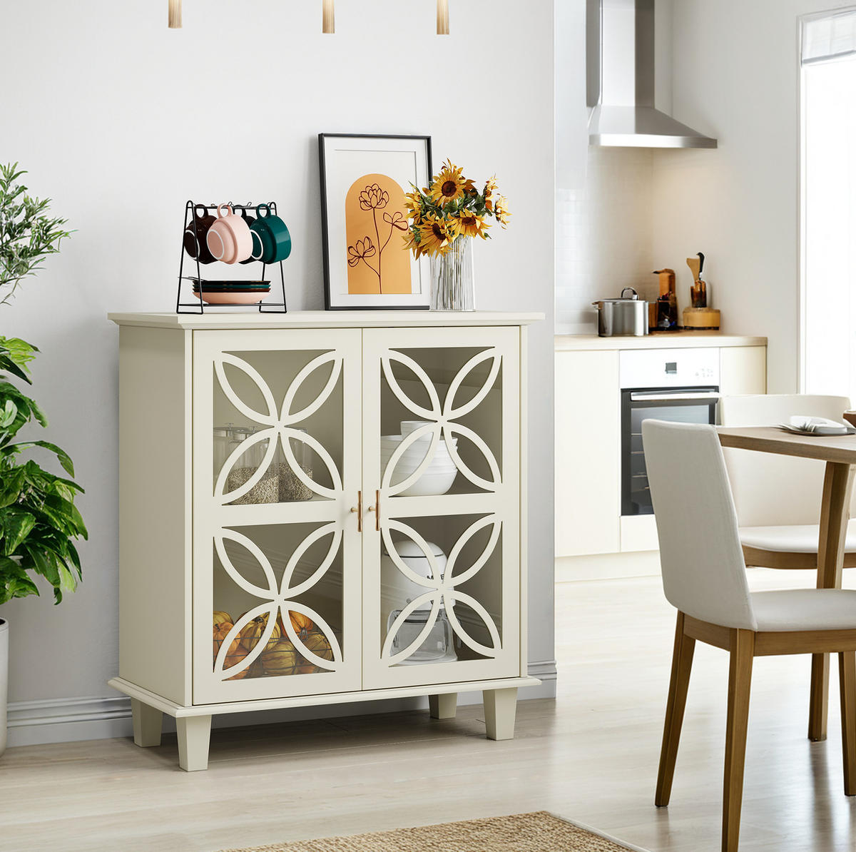 SIDEBOARD aus MDF und Holzwerkstoff 80x38x87 cm Creme mit Hartglastüren, verstellbaren Einlegeböden und Kippschutz - Creme, Holzwerkstoff (80/87/38cm) - Modfu