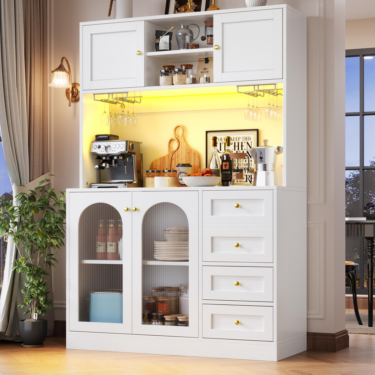 BUFFETSCHRANK 120/40/188 cm weiß aus MDF mit LED-Lichtleiste - Weiß, Holzwerkstoff (120/188/40cm) - OKWISH