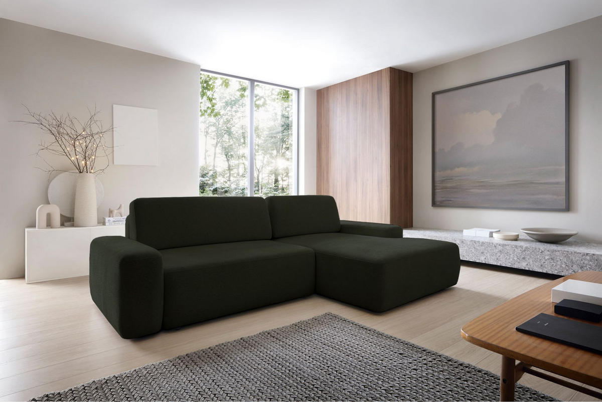 ECKSOFA Baleo Olivgrün Chenille-Bezug - Schwarz/Olivgrün, Kunststoff/Textil (264/162cm) - Selsey