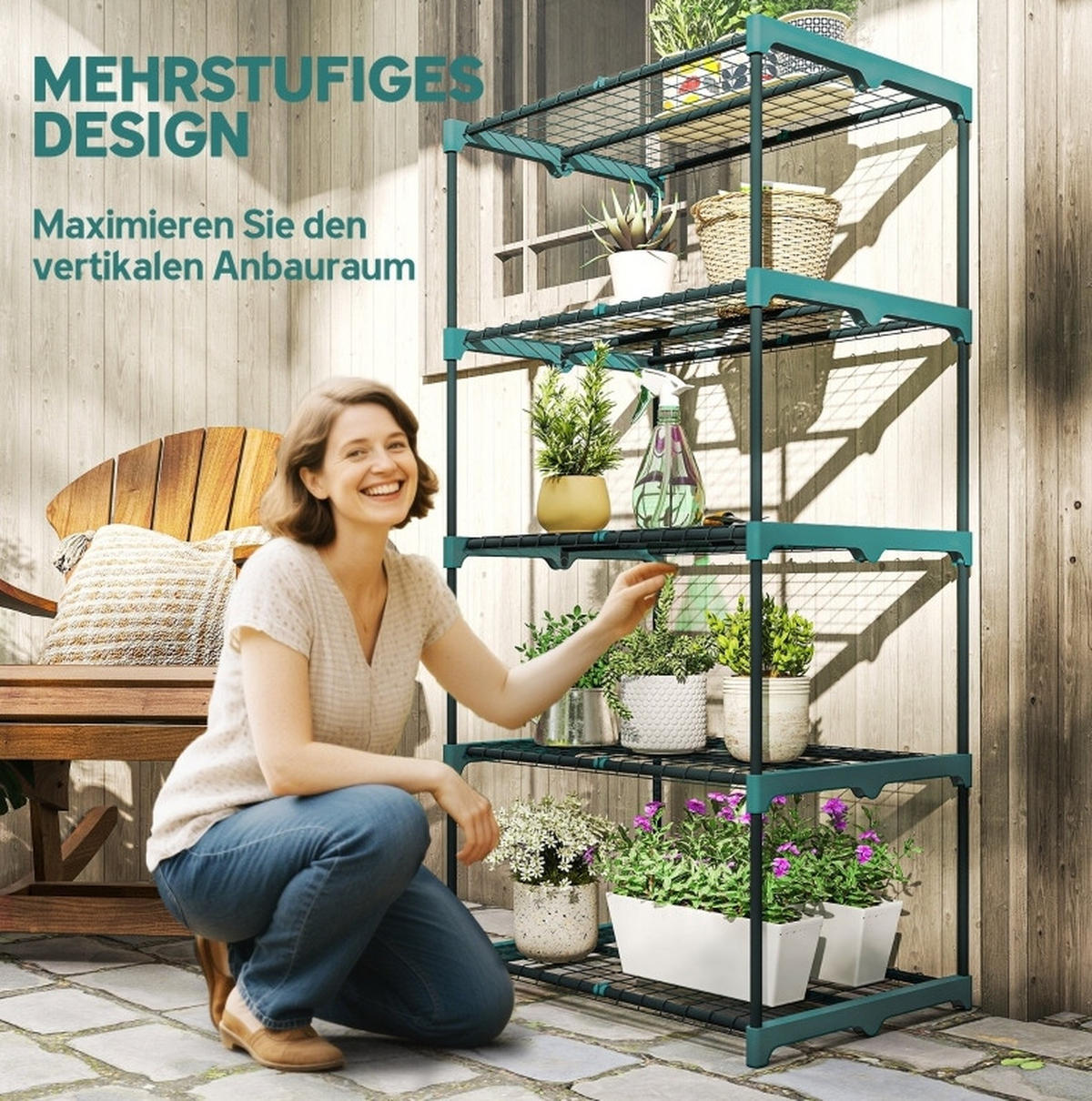 STANDREGAL aus Stahl und Kunststoff 67x49x138 cm Dunkelgrün mit 5 Ebenen, rostbeständiger Konstruktion und Steckmontage - Dunkelgrün, Metall (67/138/49cm) - Modfu