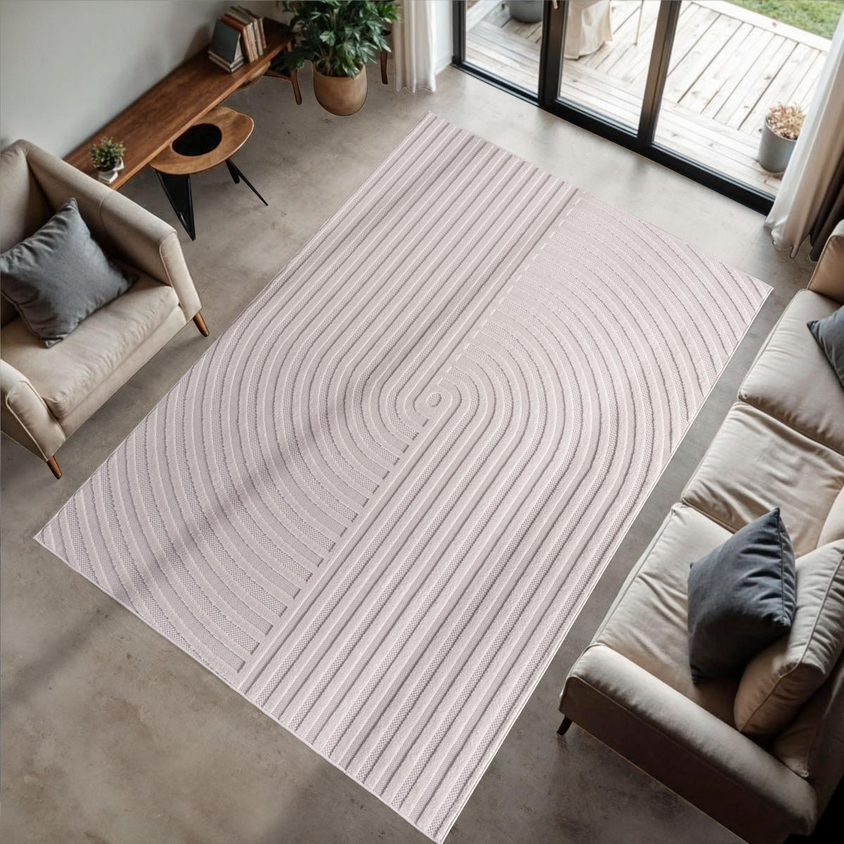 TEPPICH In-/Outdoor Kurzflor Raumtiefe Muster Polypropylen Küche Creme Läufer 80x250 - Creme, Textil (80/250cm) - KADIMA DESIGN