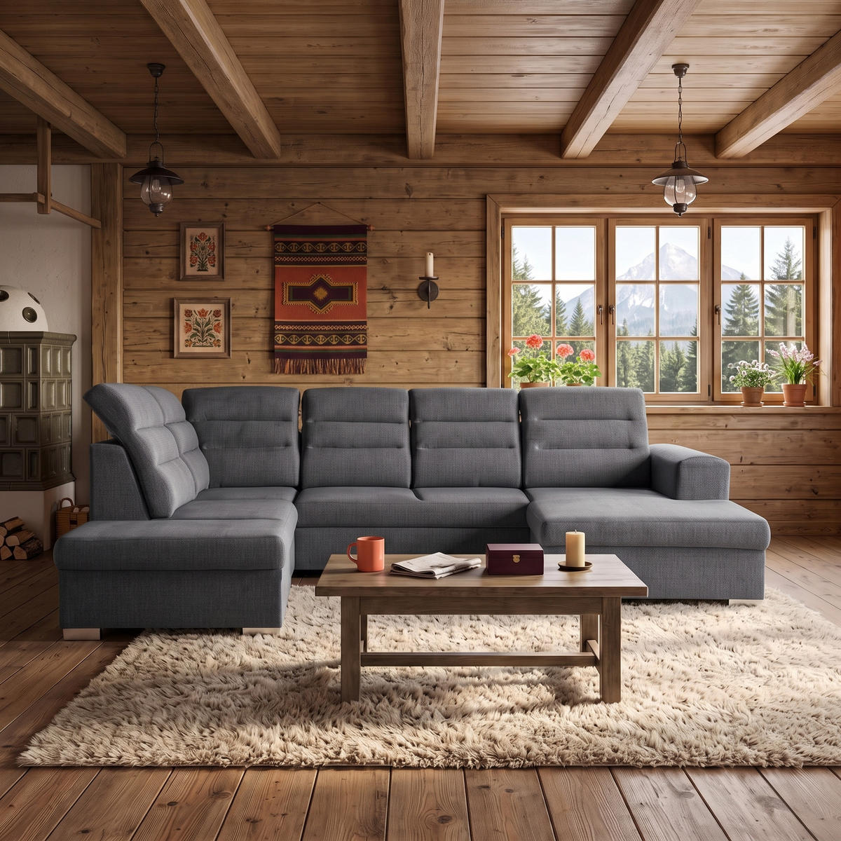 ECKSOFA U-Form CLOUD U Links mit Schlaffunktion 120x252 Velours Dunkelgrau - Dunkelgrau/Silberfarben, Holz/Kunststoff (320/103/202cm) - Muffo