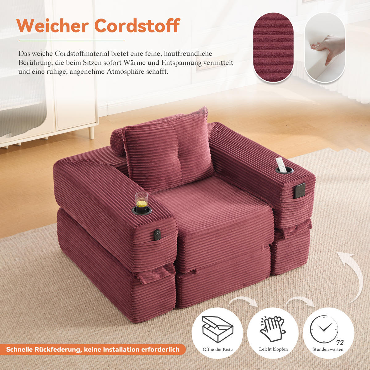 SCHLAFSOFA mit Cordbezug, Federkern, Getränkehalter und Seitentasche - Weinrot, Textil (122/80/98cm) - EVRYAE