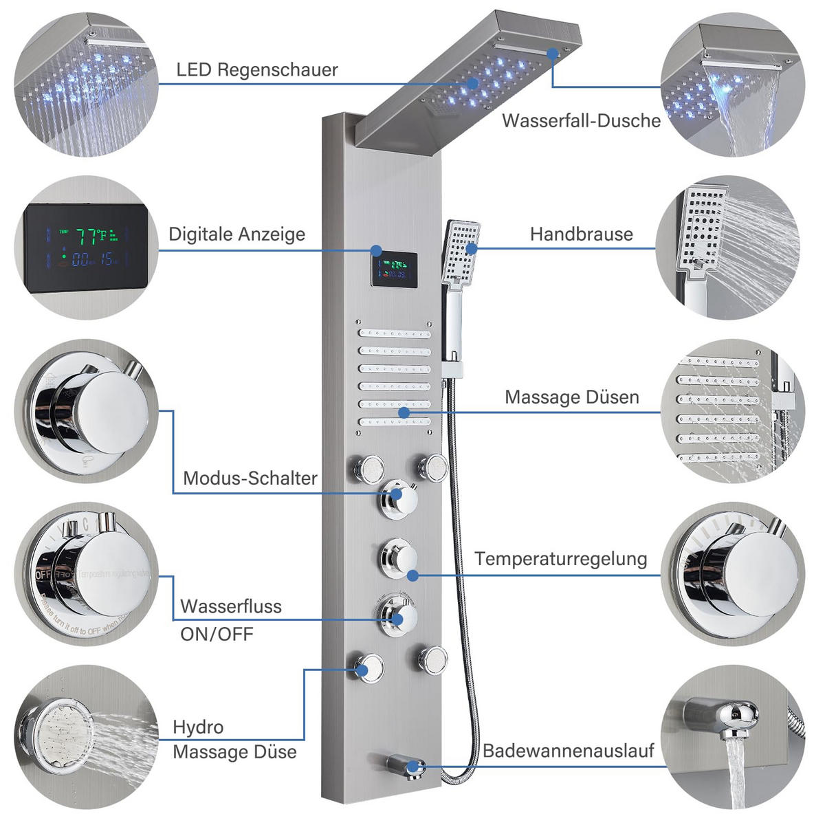 ÜBERKOPFBRAUSESET Edelstahl Hydromassage LED Digitalanzeige Silber - Silberfarben, Metall (16/121/39cm) - Kaket