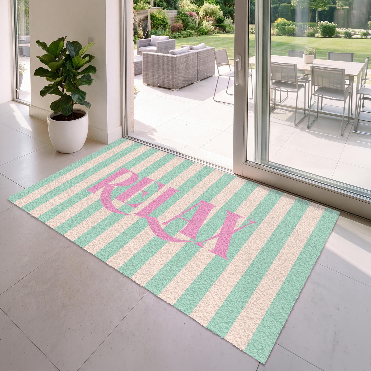 FUSSMATTE Rosa – Grün – Streifen – Entspannung 180x120 cm - Mintgrün, Kunststoff (180/0.4cm) - MuchoWow